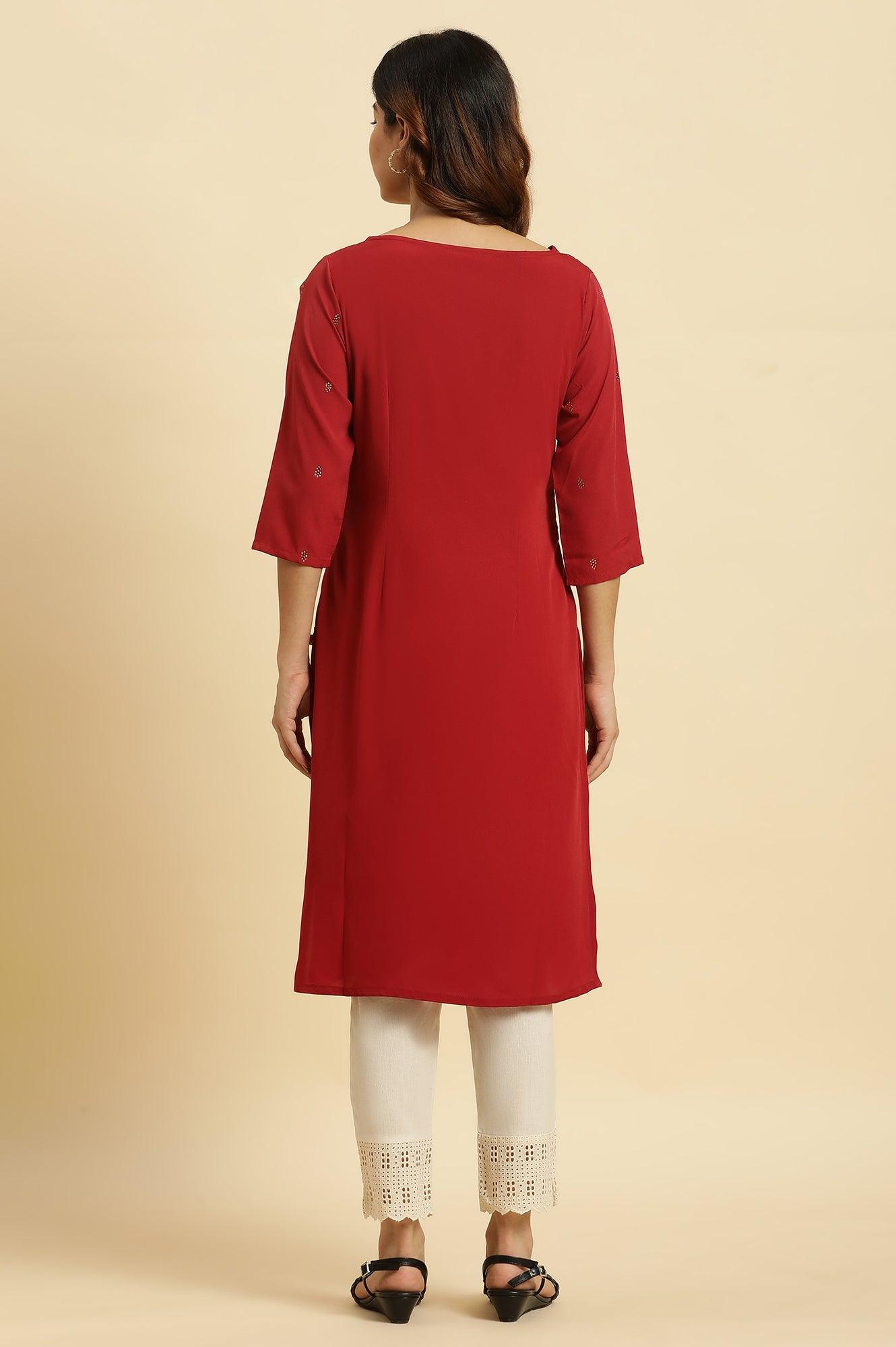 W for Woman Red Mukaish Printed Festive Straight Kurta