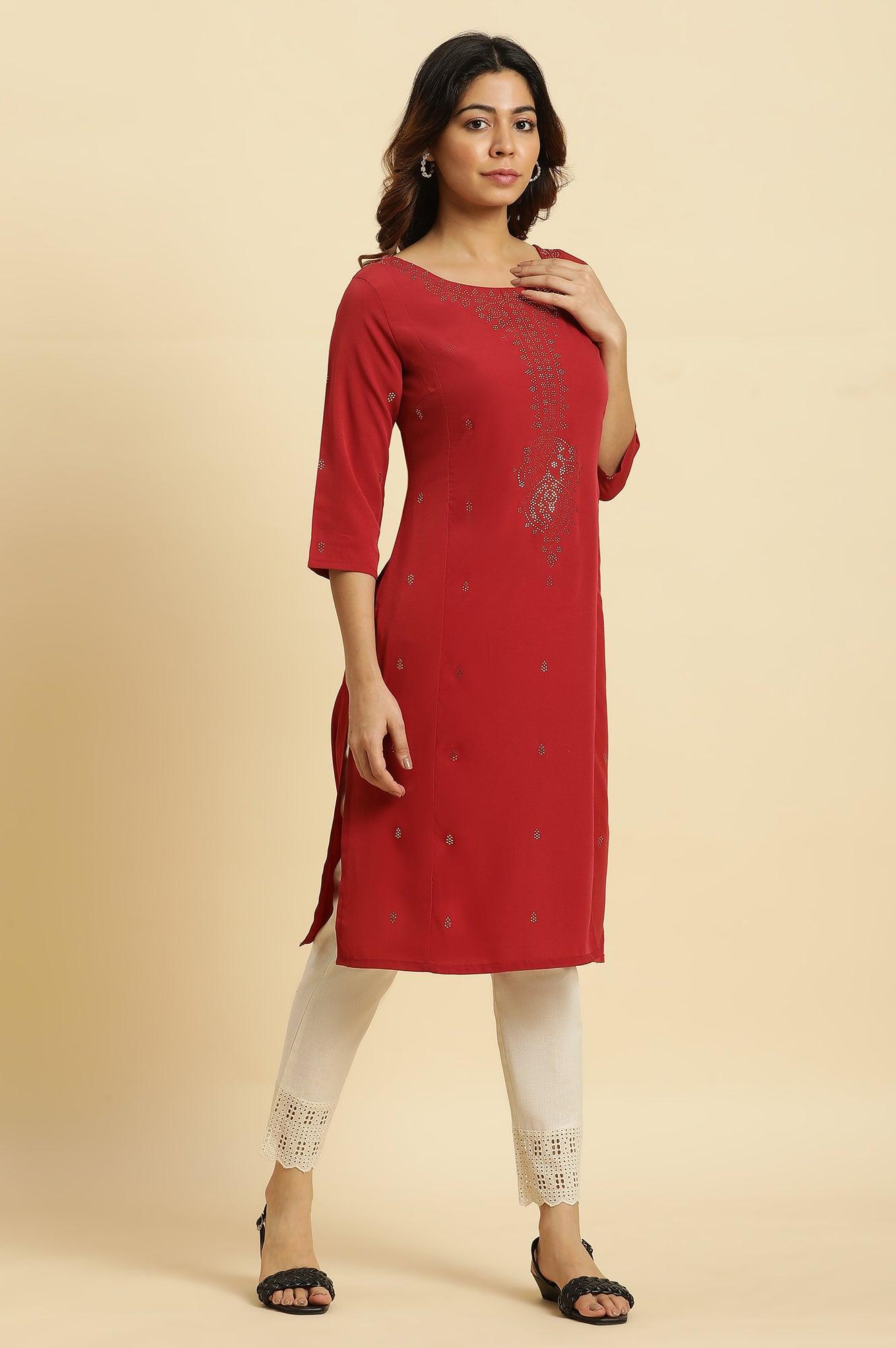 W for Woman Red Mukaish Printed Festive Straight Kurta