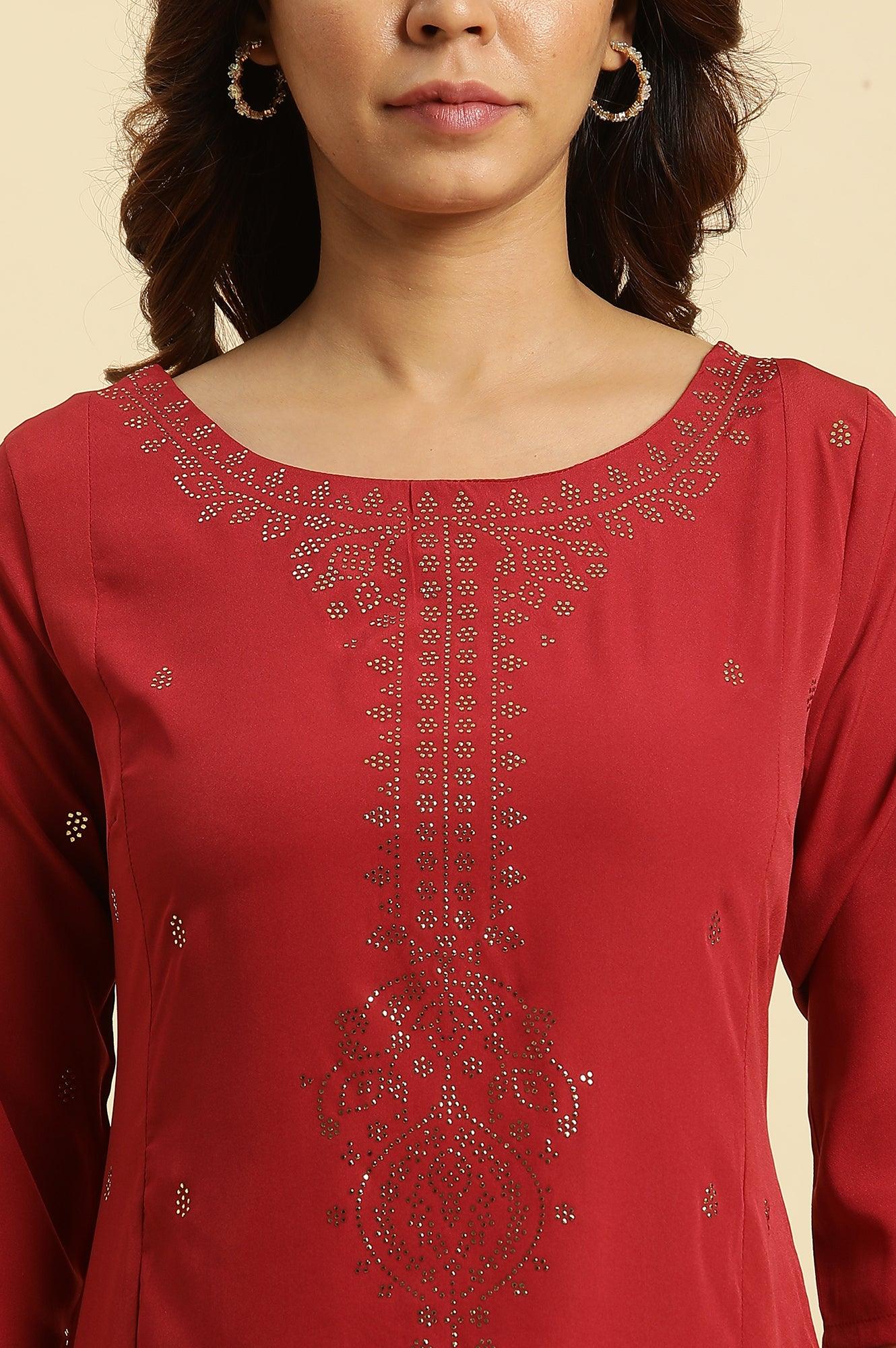 W for Woman Red Mukaish Printed Festive Straight Kurta