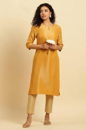 W for Woman Yellow Dobby Festive Embellished Kurta