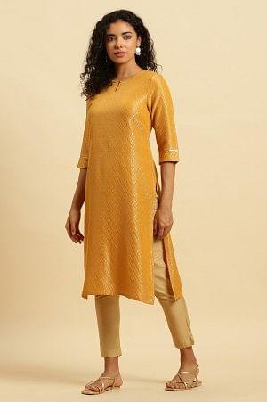 W for Woman Yellow Dobby Festive Embellished Kurta