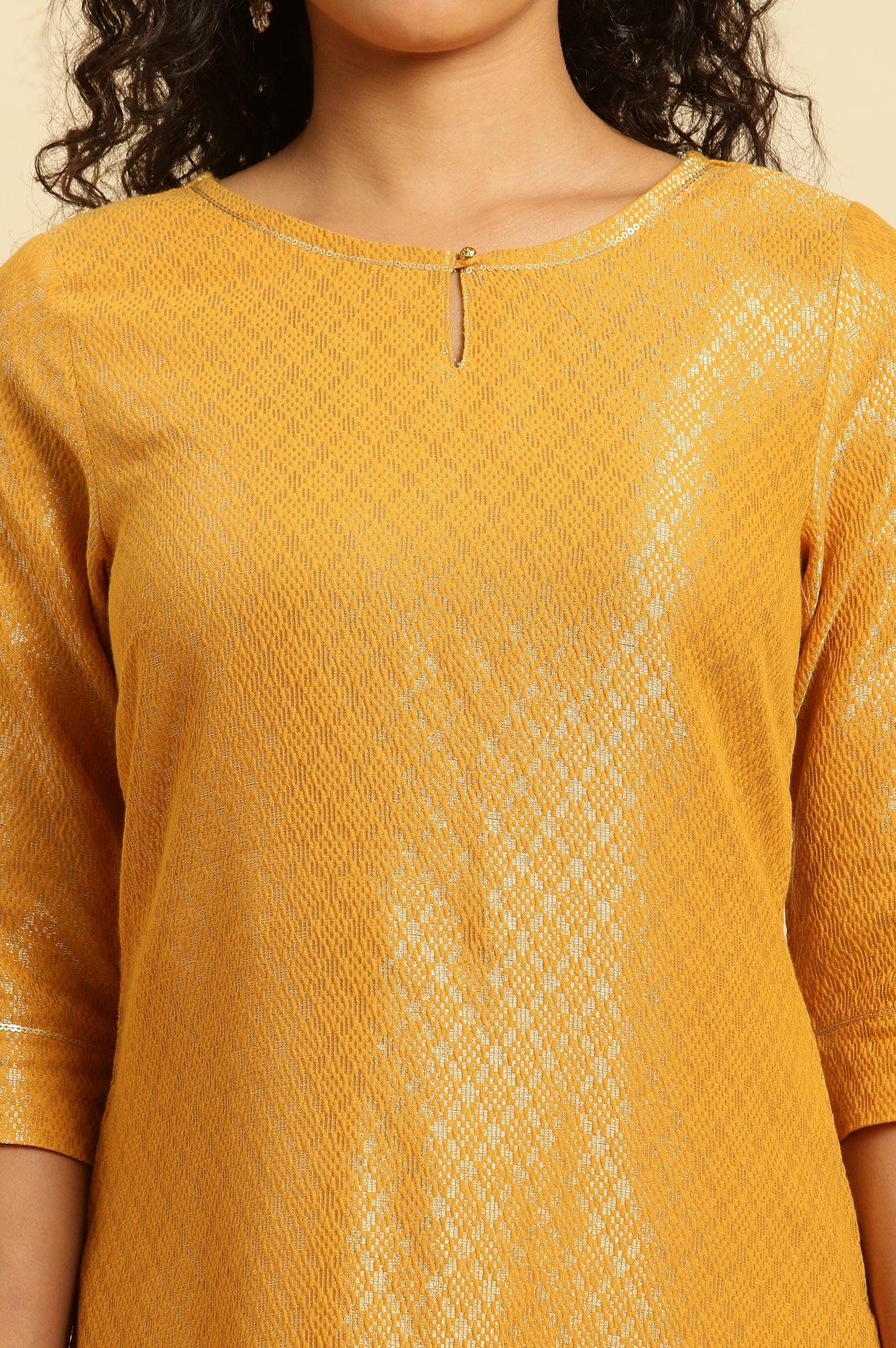 W for Woman Yellow Dobby Festive Embellished Kurta