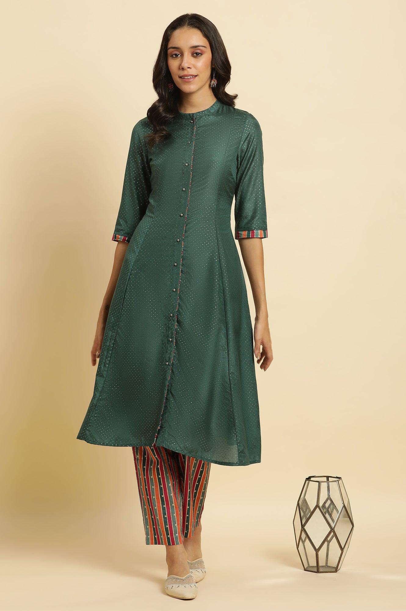 W for Woman Green Embellished Button Down Kurta And Pants Set