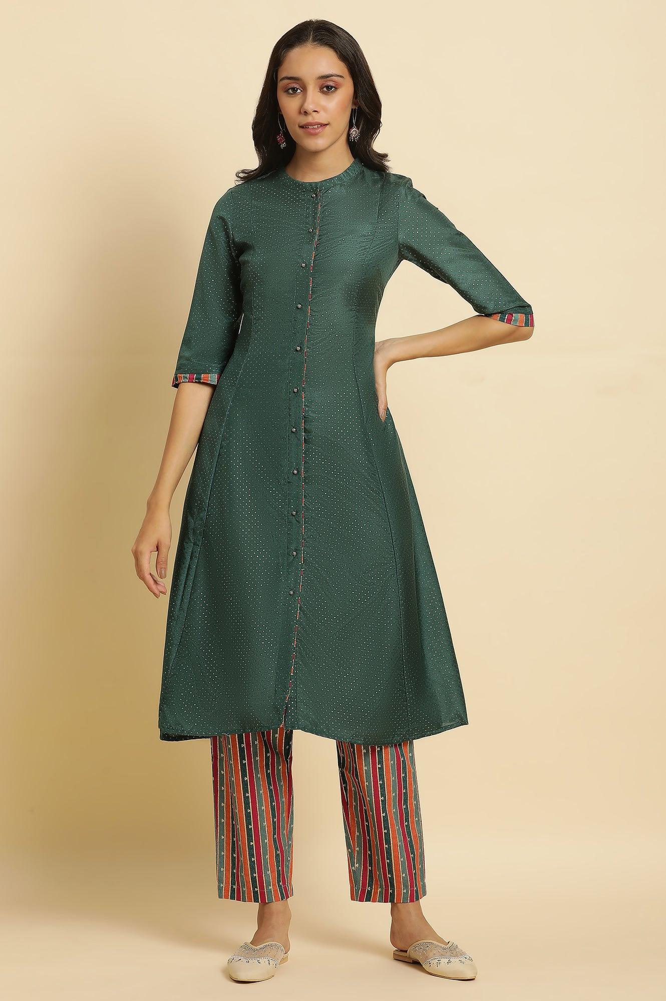 W for Woman Green Embellished Button Down Kurta And Pants Set