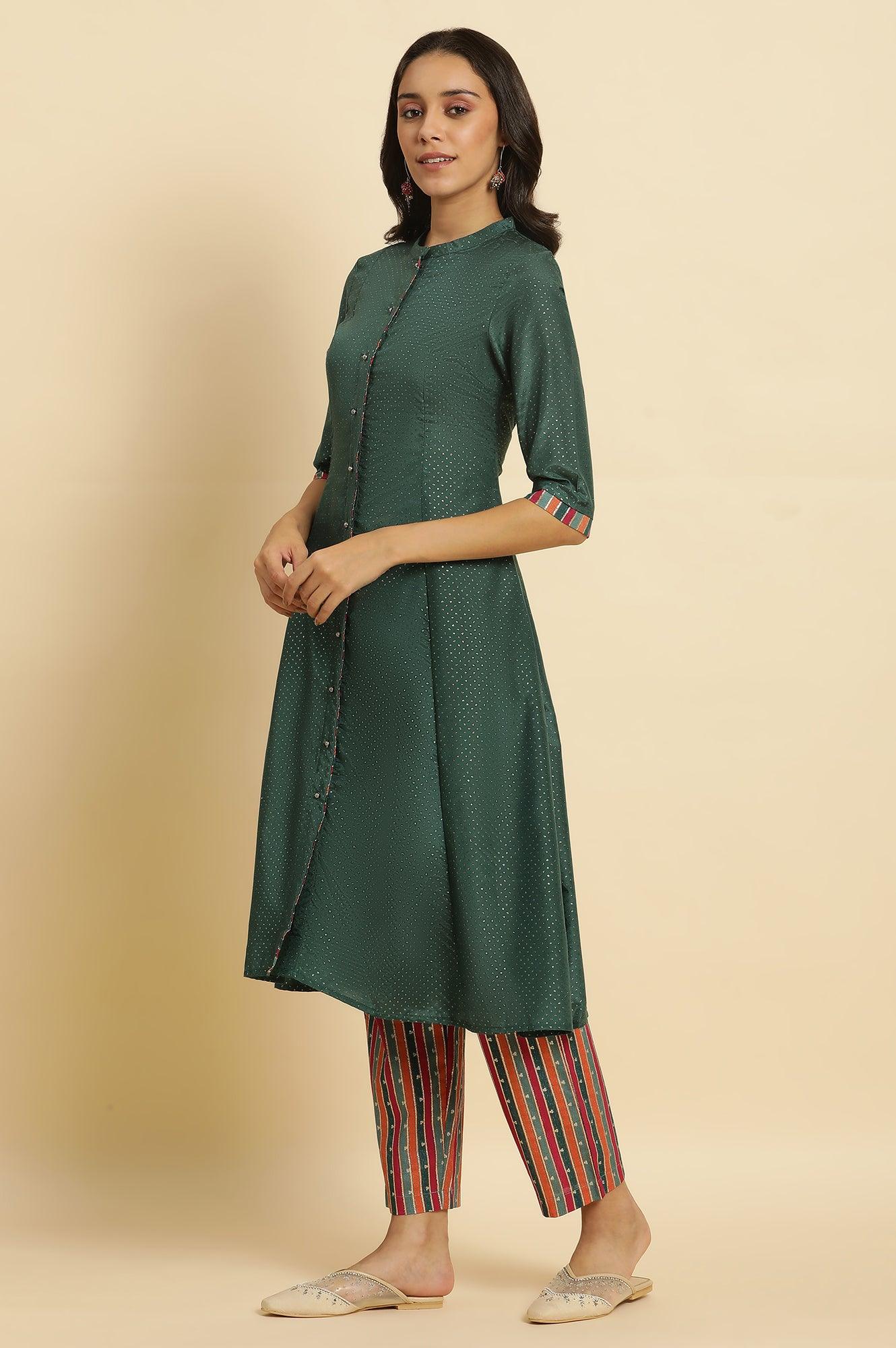 W for Woman Green Embellished Button Down Kurta And Pants Set