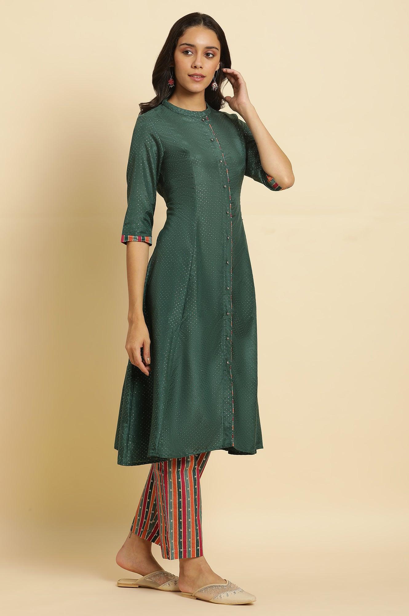 W for Woman Green Embellished Button Down Kurta And Pants Set