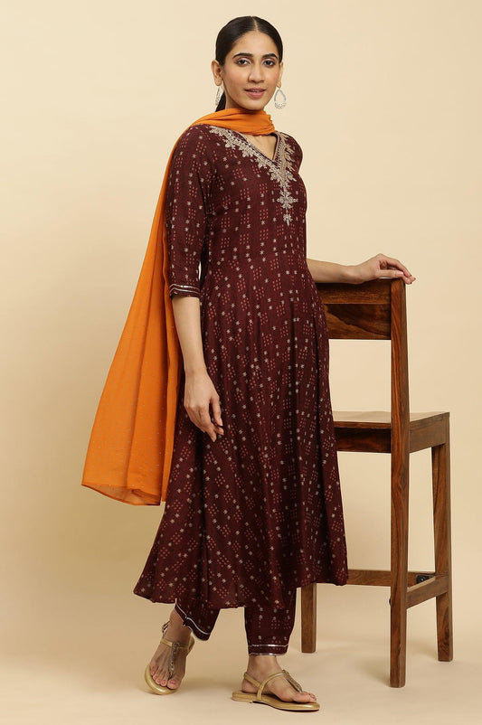 W for Woman Brown Embroidered Flared Kurta, Pants And Dupatta Set