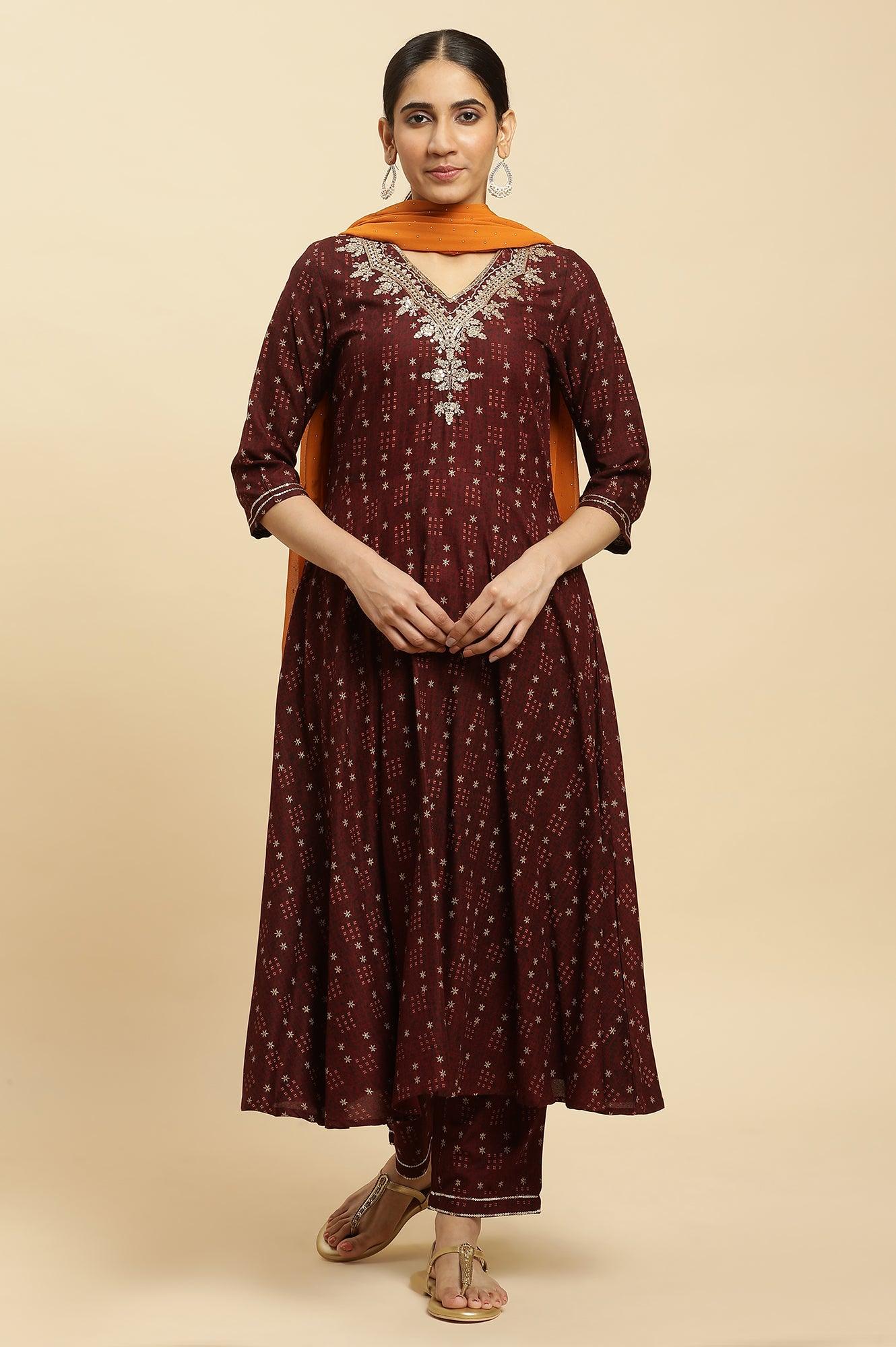W for Woman Brown Embroidered Flared Kurta, Pants And Dupatta Set