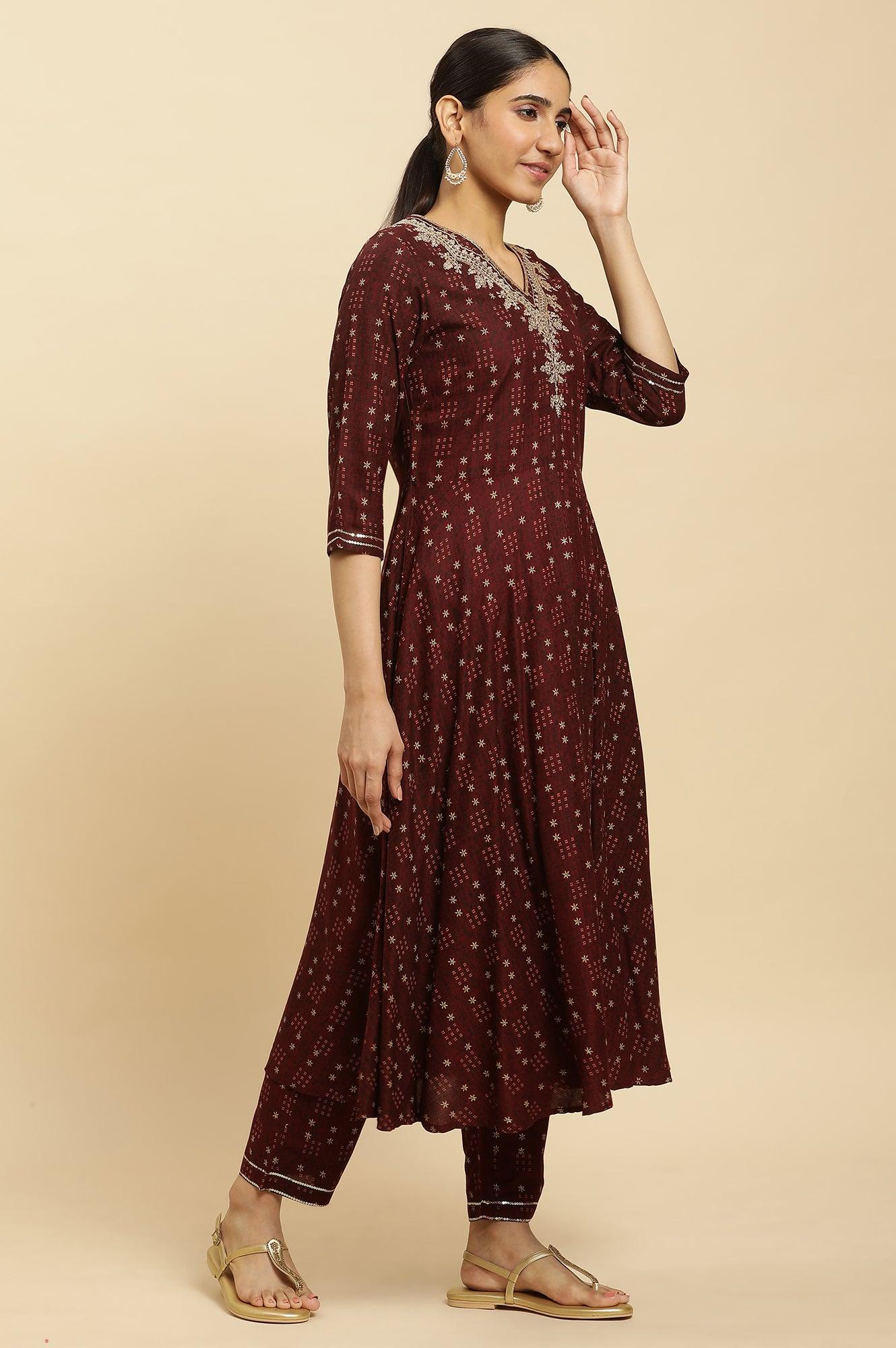 W for Woman Brown Embroidered Flared Kurta, Pants And Dupatta Set