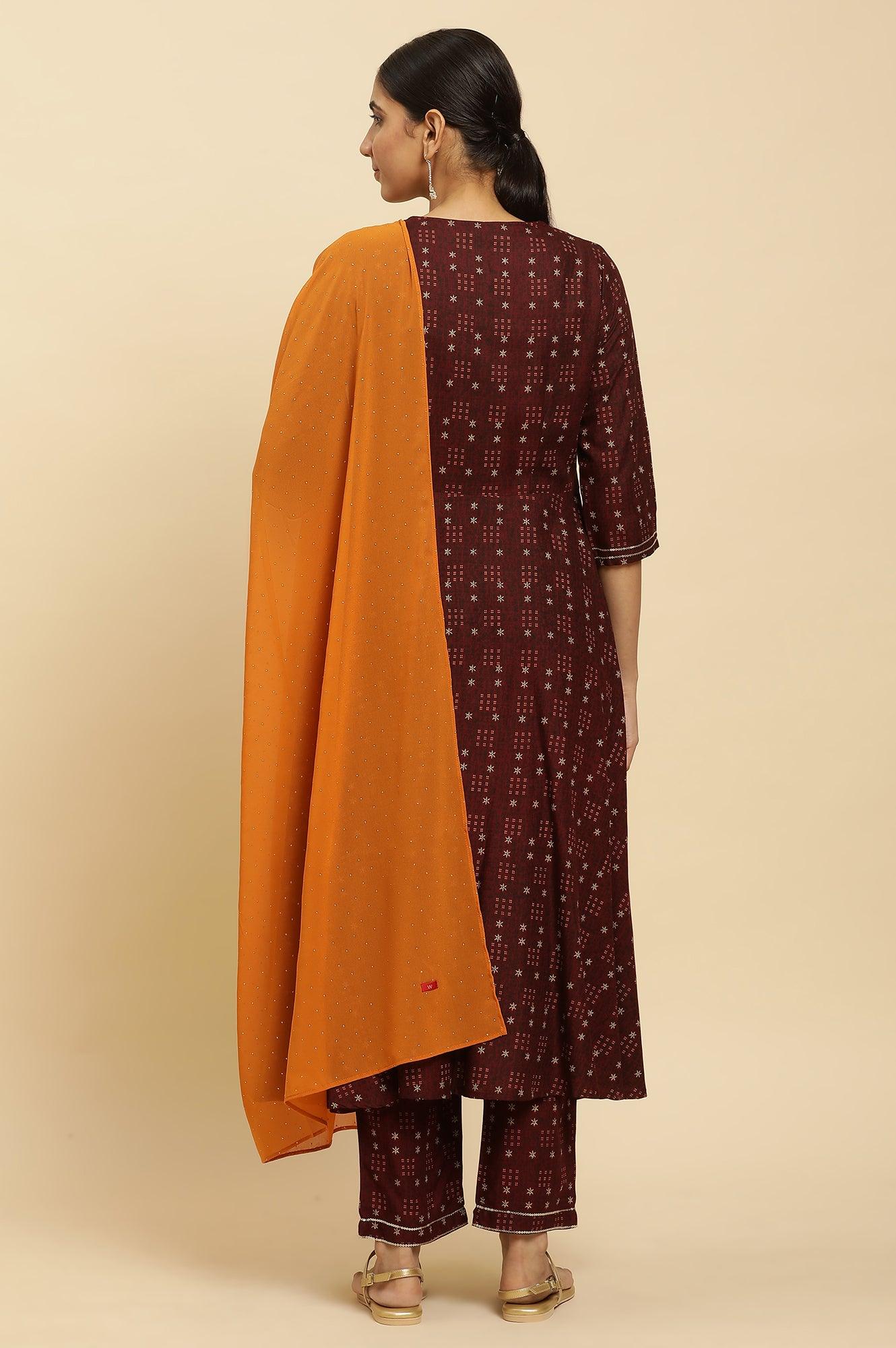 W for Woman Brown Embroidered Flared Kurta, Pants And Dupatta Set