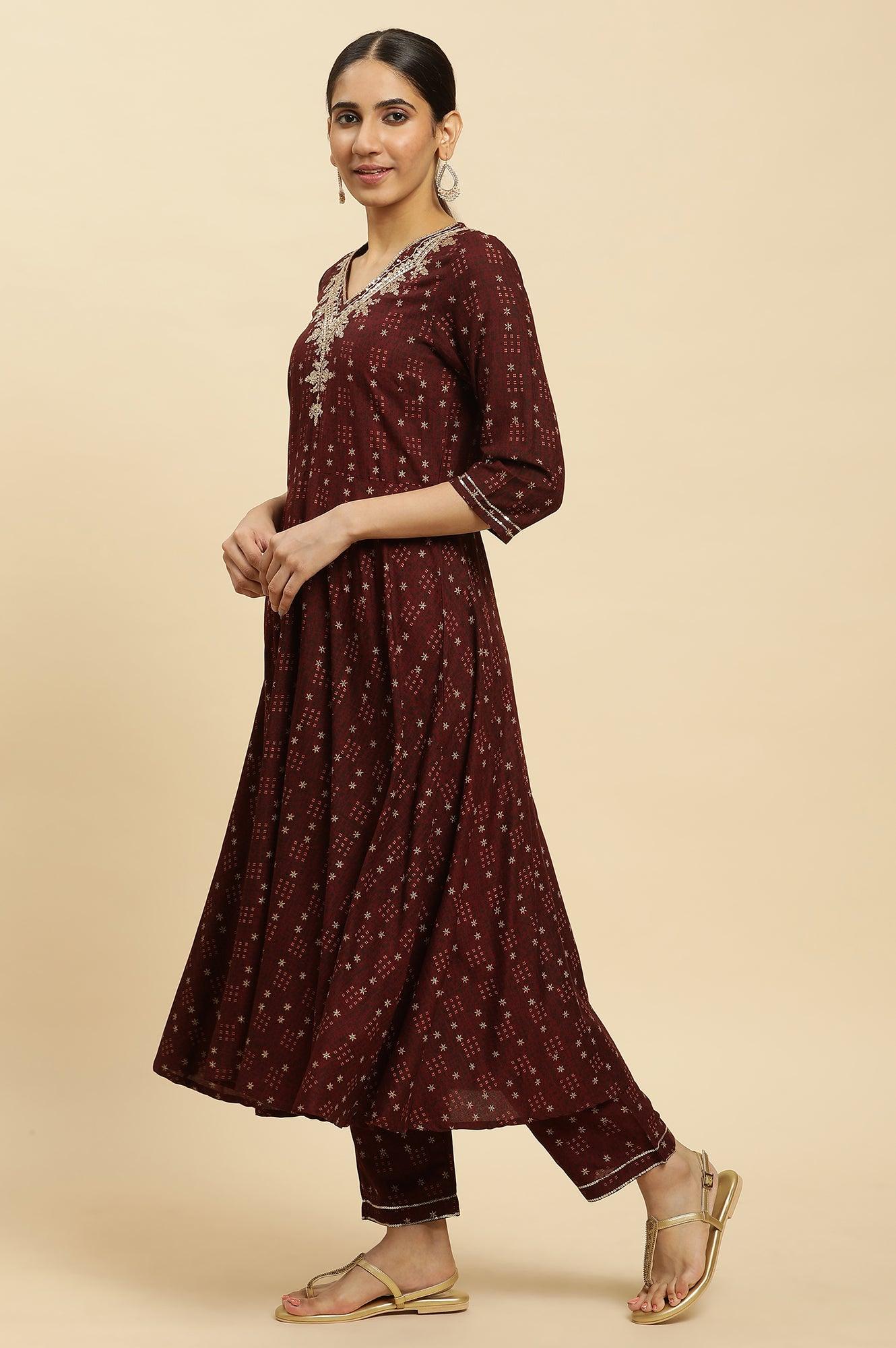 W for Woman Brown Embroidered Flared Kurta, Pants And Dupatta Set