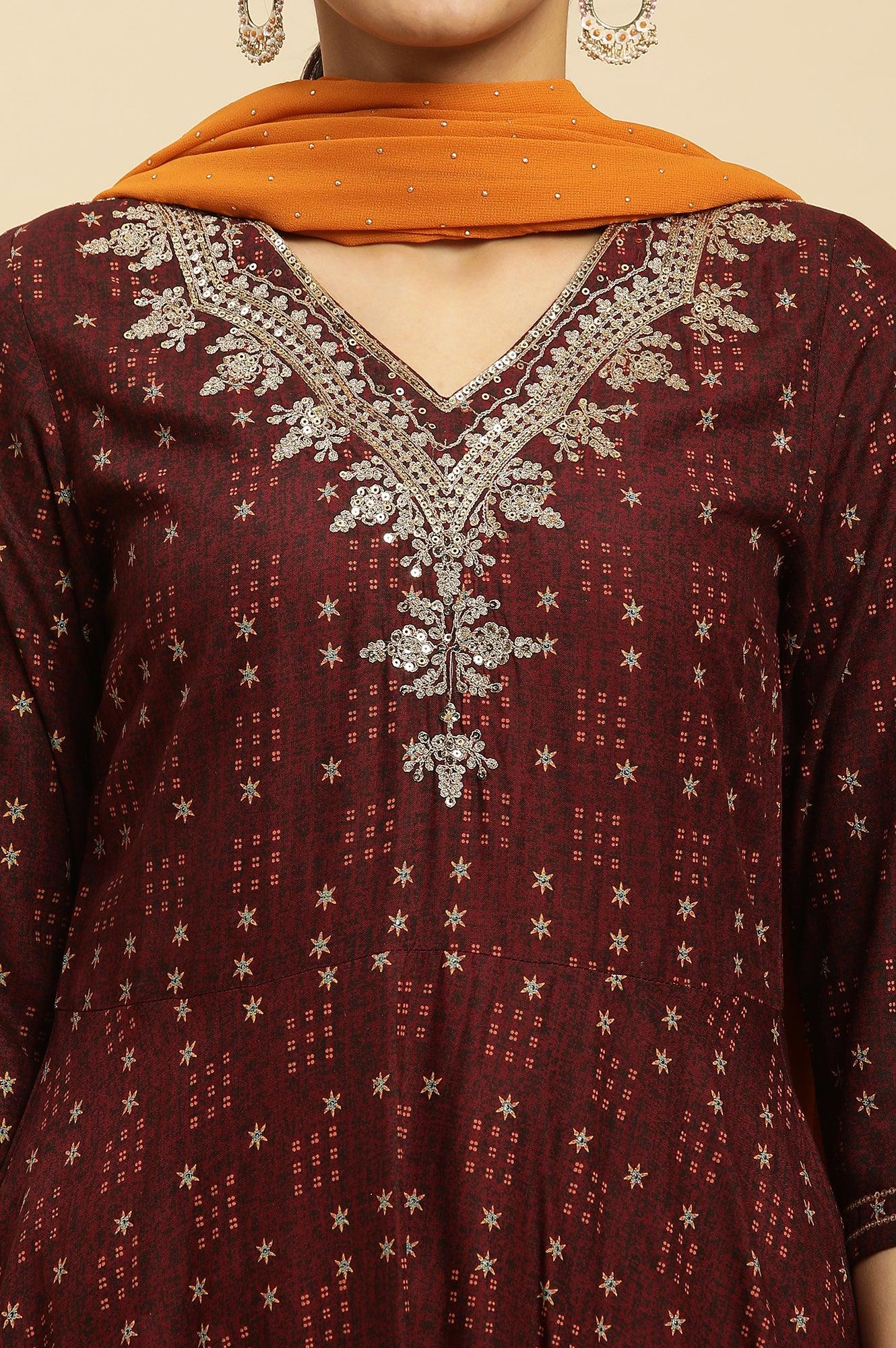 W for Woman Brown Embroidered Flared Kurta, Pants And Dupatta Set