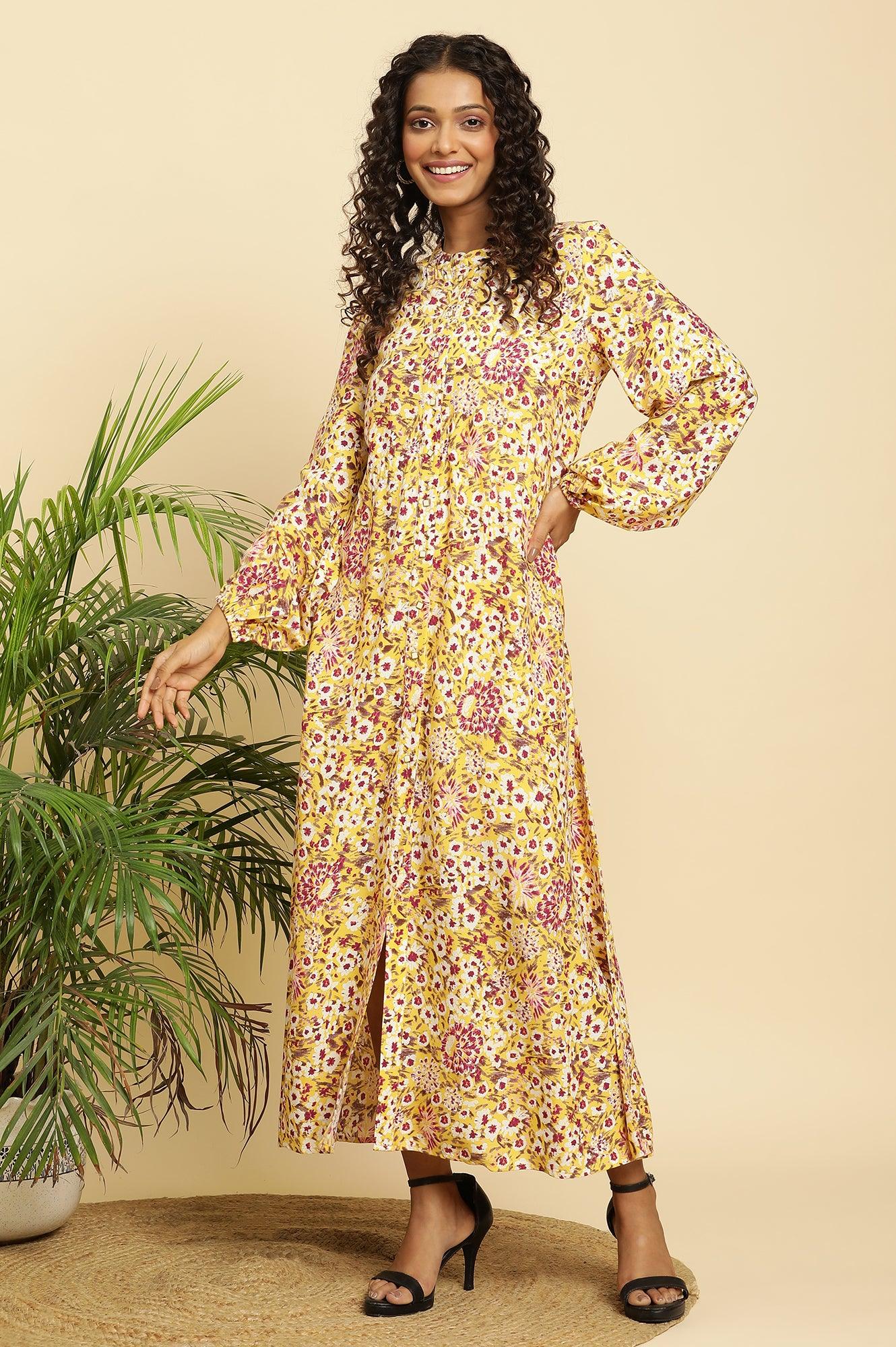 W for Woman Yellow Floral Printed Flared Western Dress  Grab2Buy WforWoman Grab2Buy
