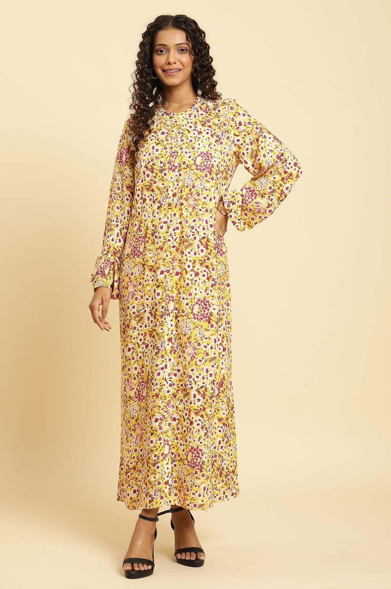 W for Woman Yellow Floral Printed Flared Western Dress  Grab2Buy WforWoman Grab2Buy