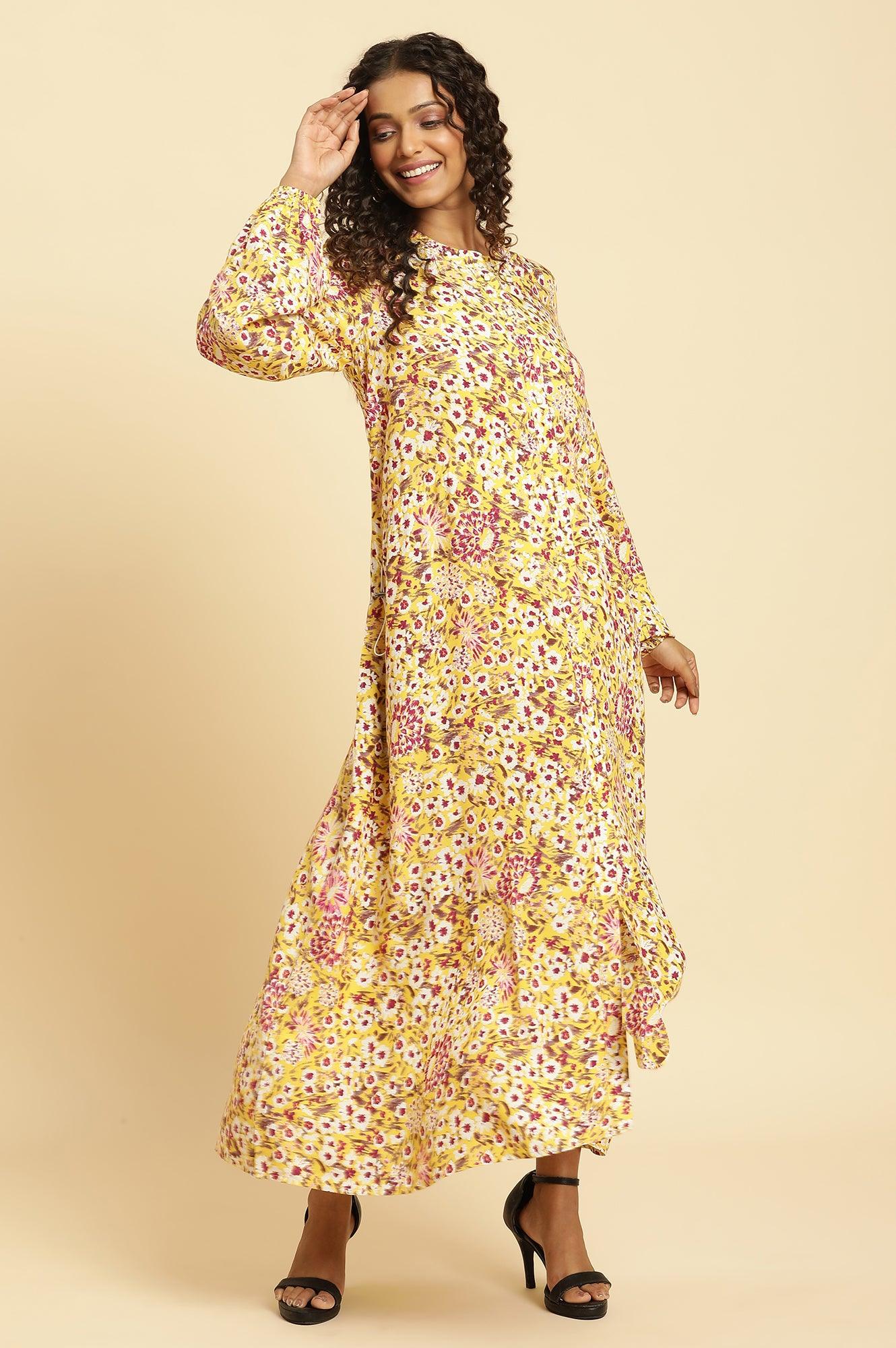 W for Woman Yellow Floral Printed Flared Western Dress  Grab2Buy WforWoman Grab2Buy