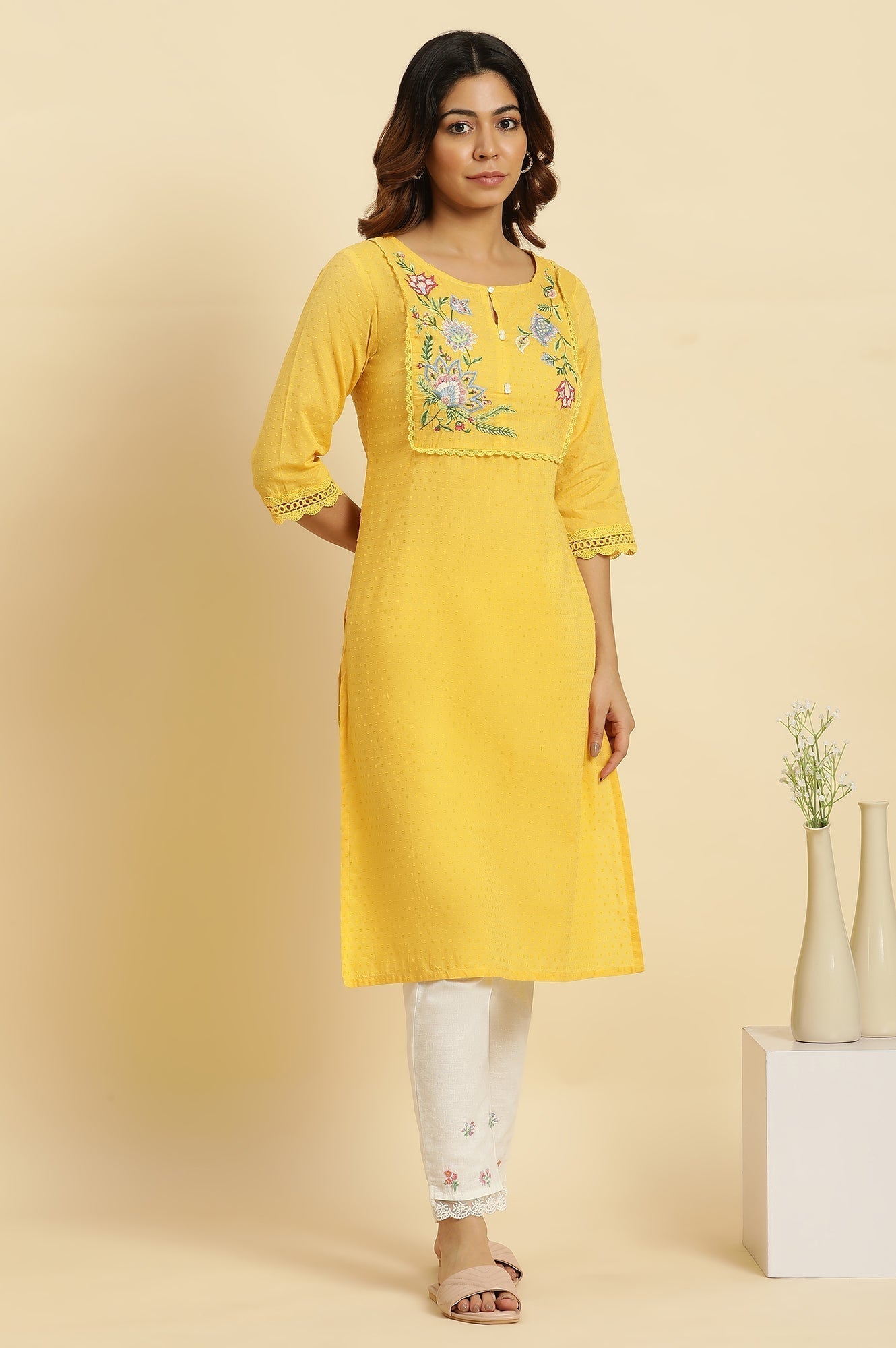 W for Woman Yellow Cotton Swiss Dot Embroidered Kurta