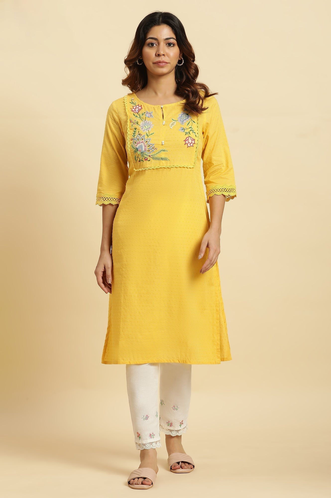 W for Woman Yellow Cotton Swiss Dot Embroidered Kurta
