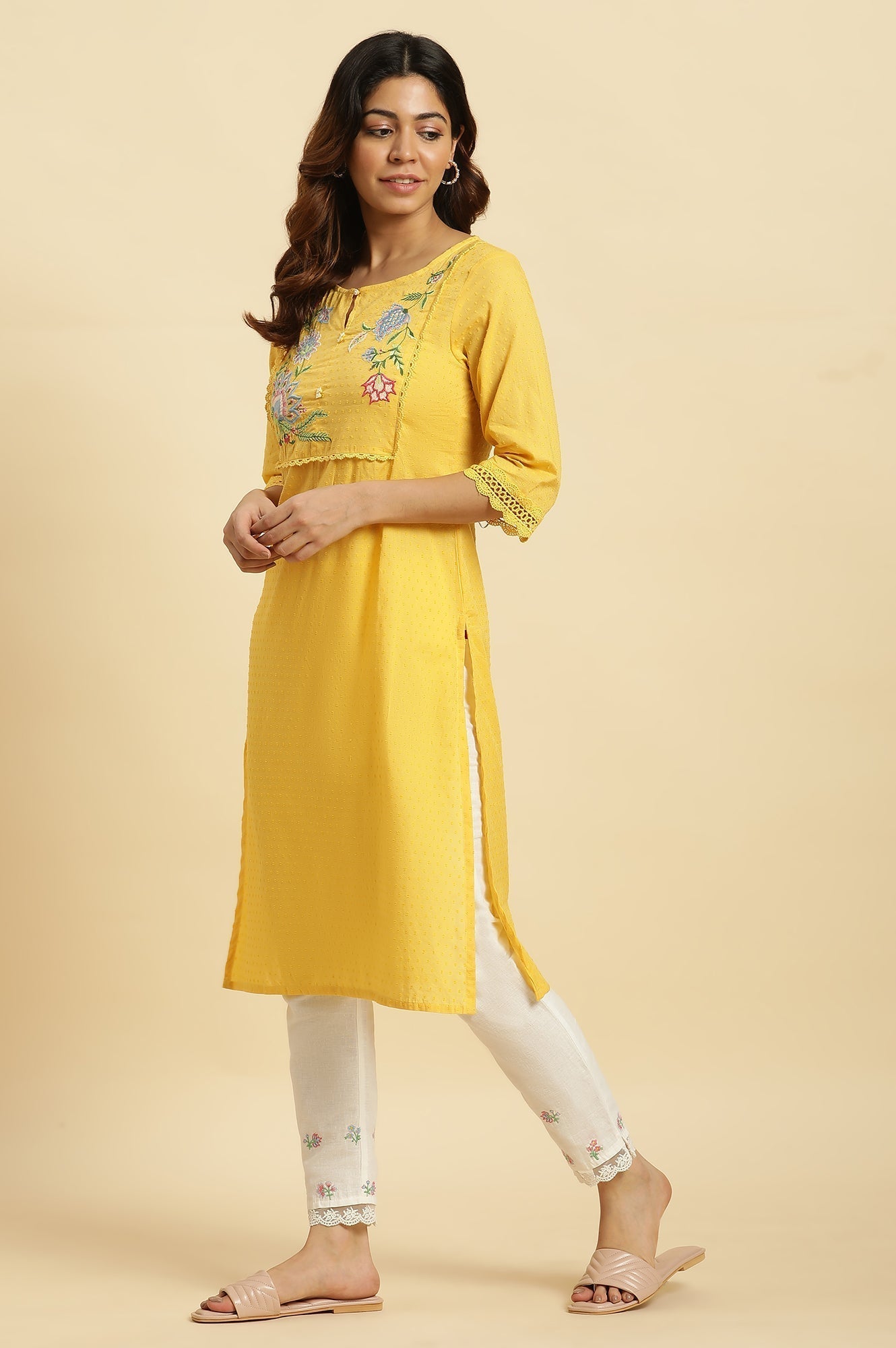 W for Woman Yellow Cotton Swiss Dot Embroidered Kurta