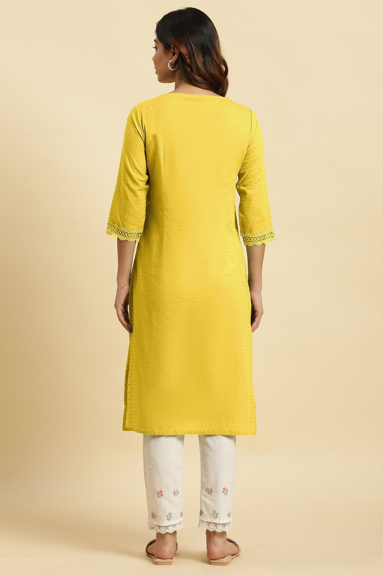 W for Woman Yellow Cotton Swiss Dot Embroidered Kurta
