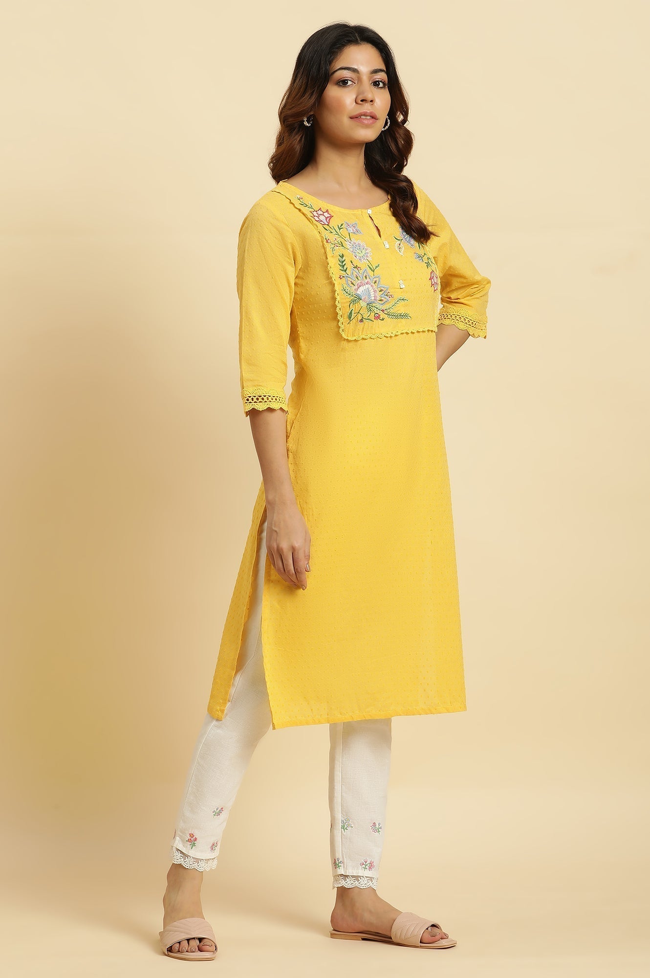 W for Woman Yellow Cotton Swiss Dot Embroidered Kurta