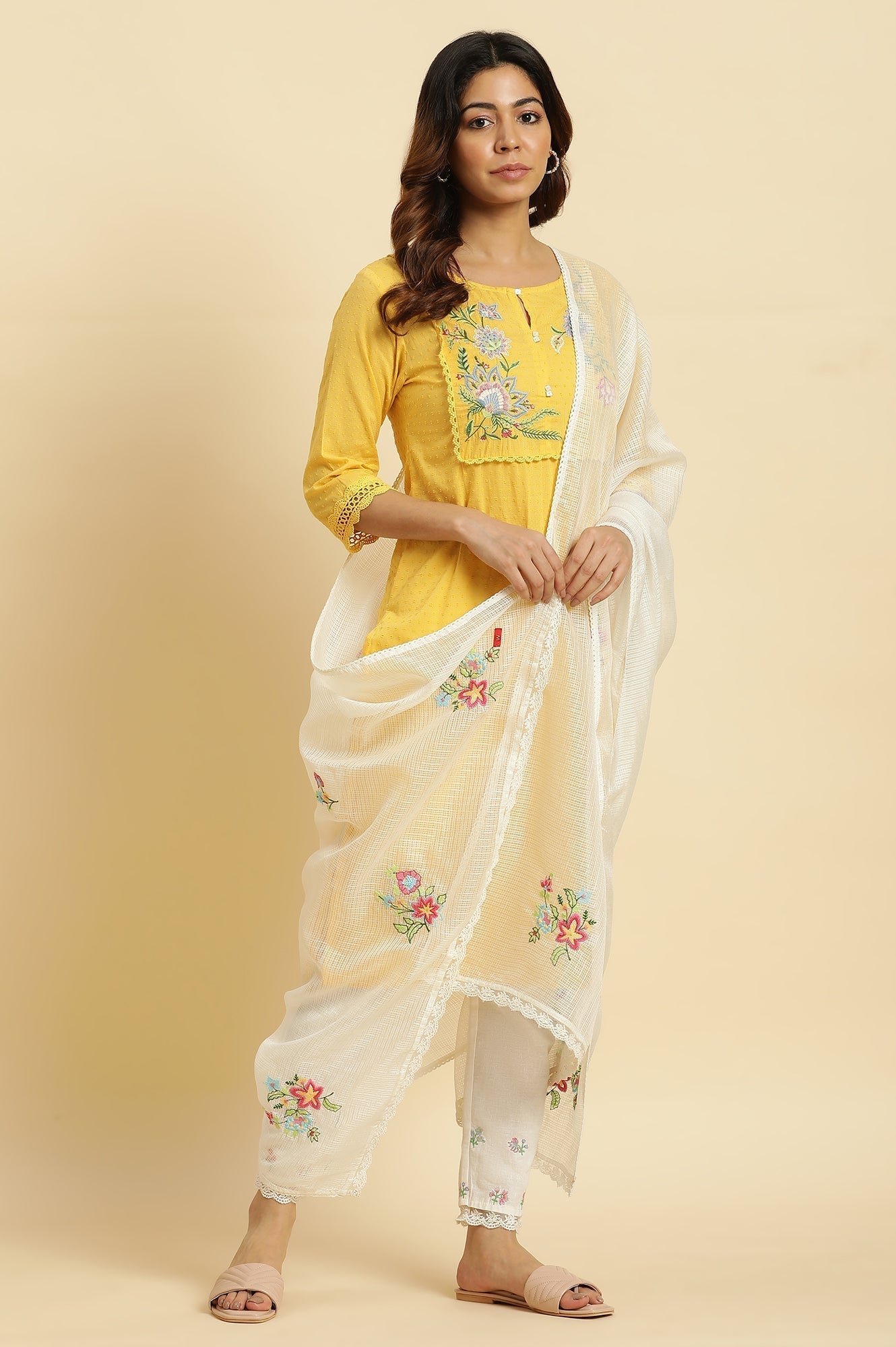 W for Woman Yellow Cotton Swiss Dot Embroidered Kurta