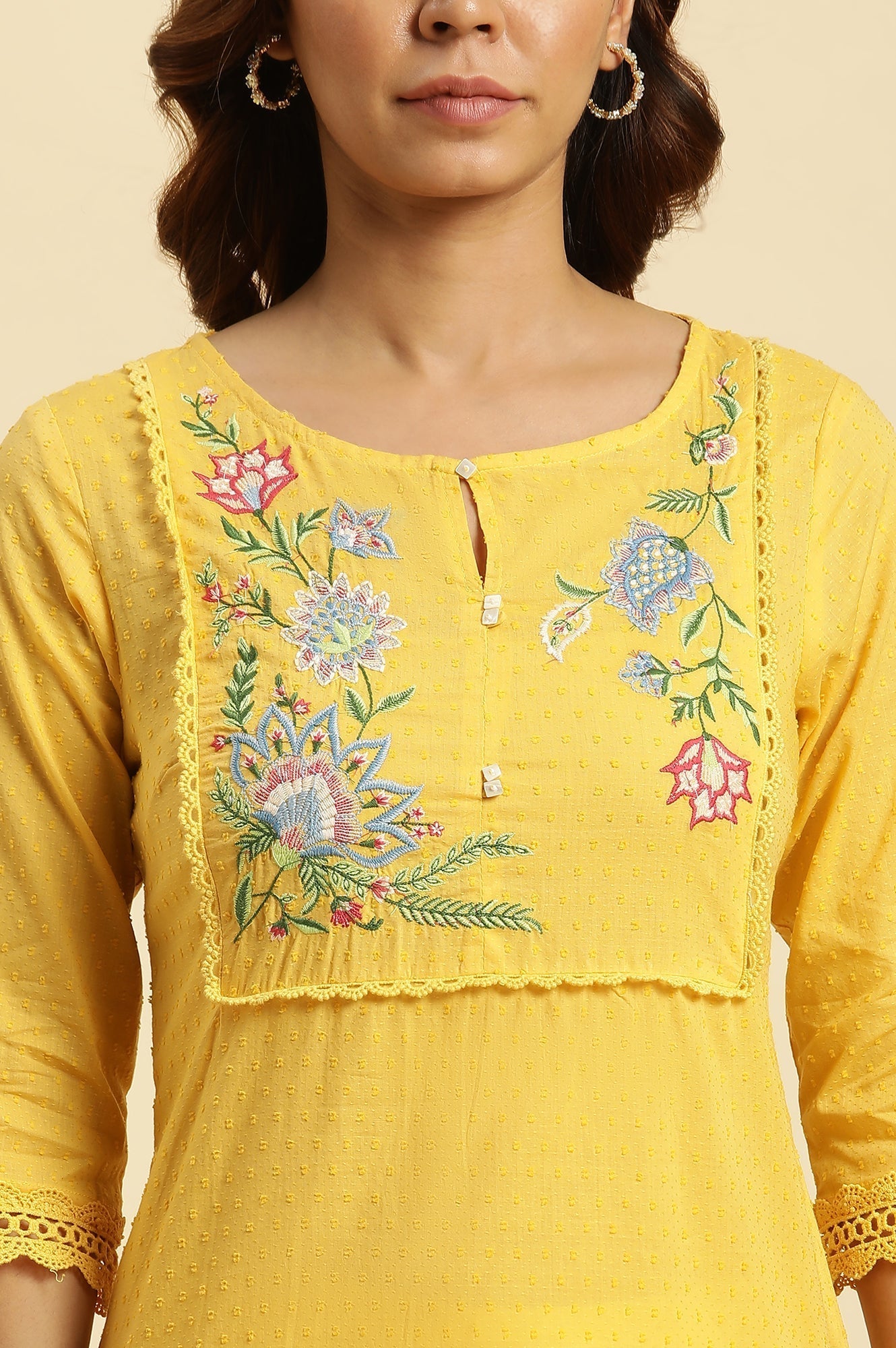 W for Woman Yellow Cotton Swiss Dot Embroidered Kurta