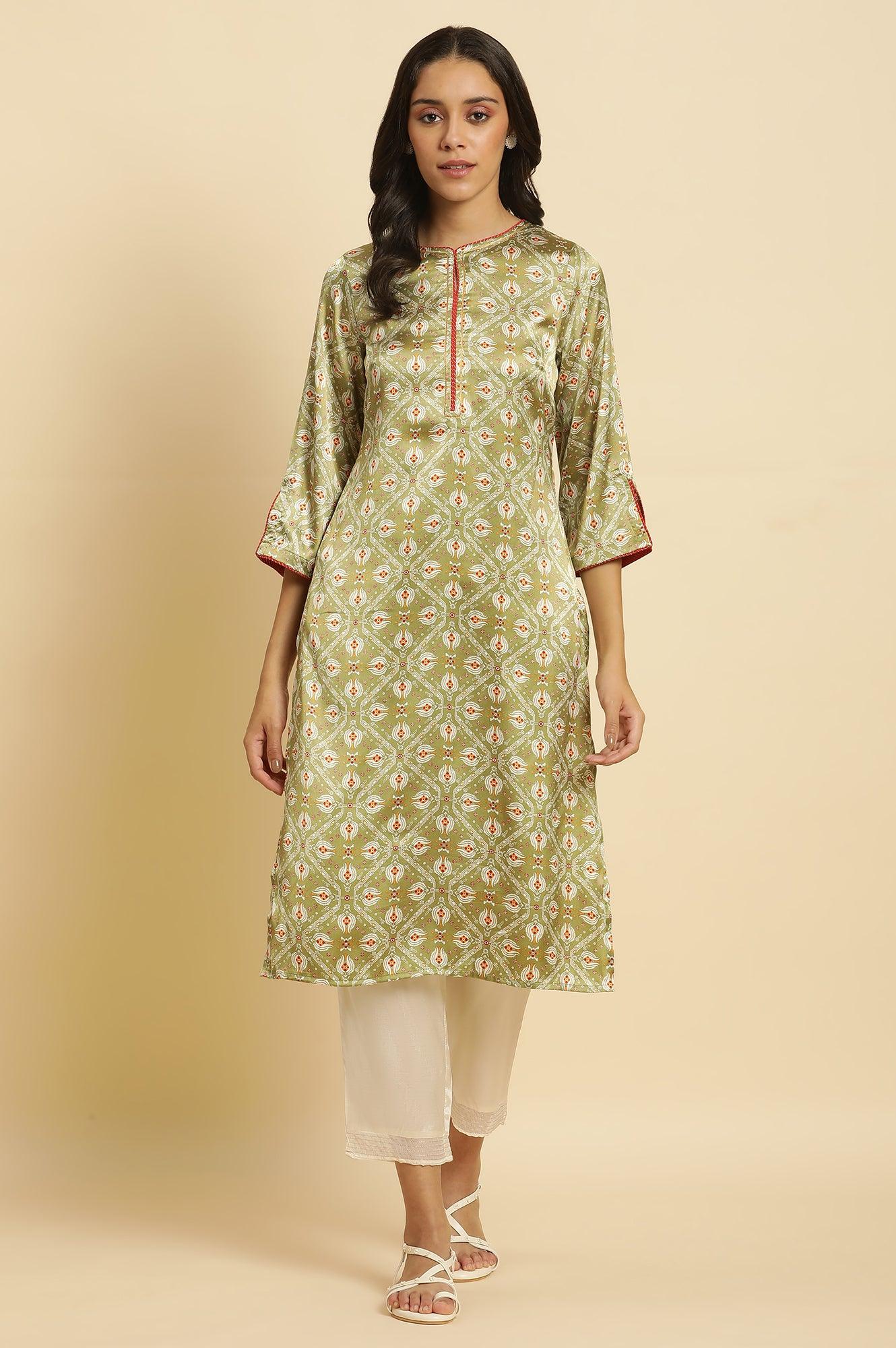 W for Woman Pistachio Green Japanese Satin Festive Kurta