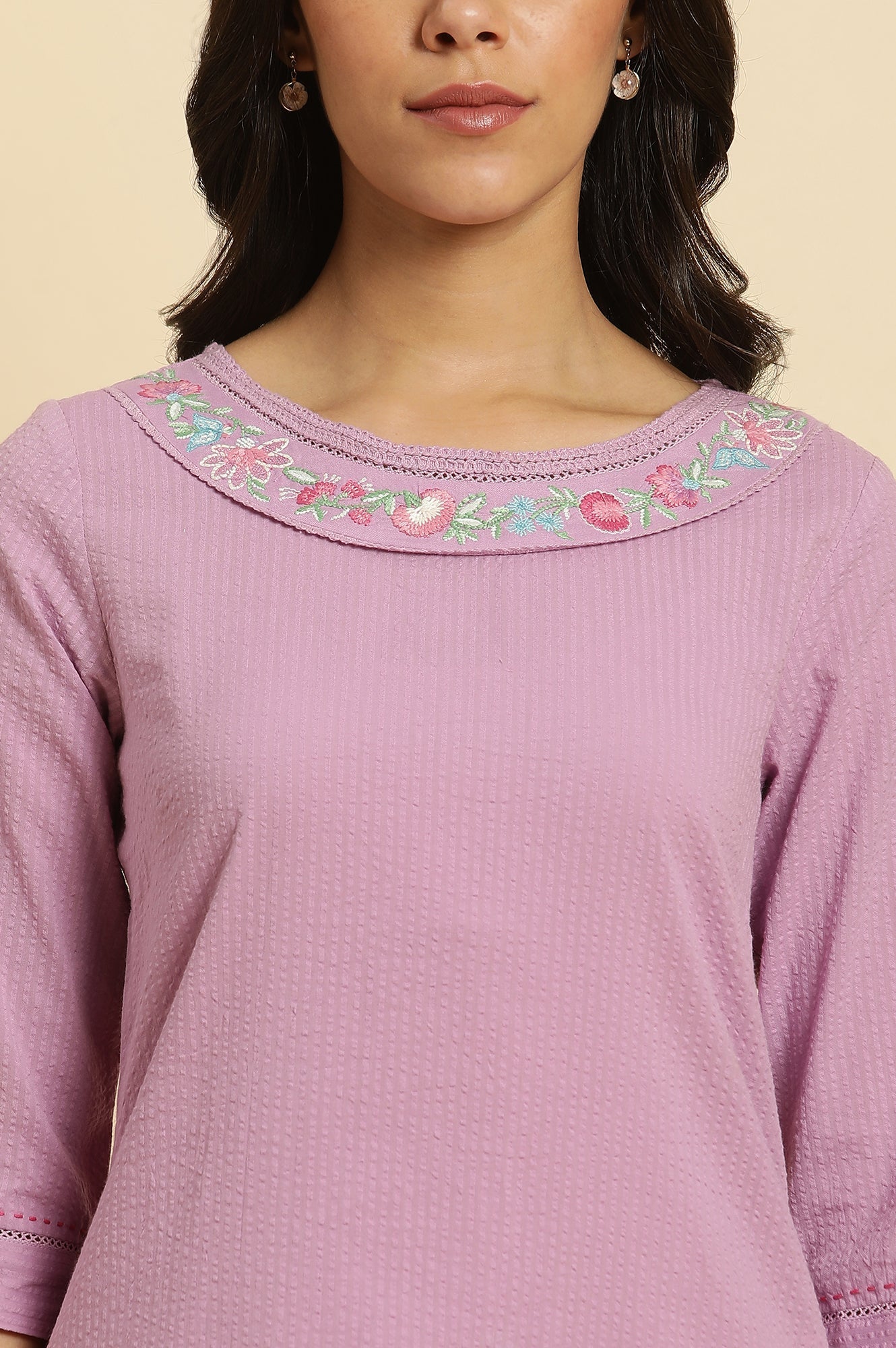 W for Woman Purple Solid Thread Work Seer Sucker Straight Kurta and Parallel Pant Set