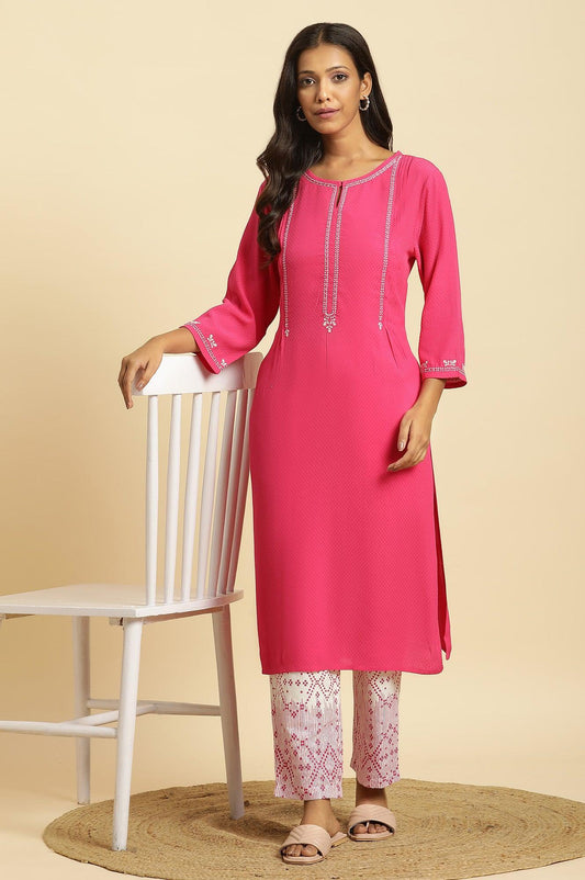 W for Woman Pink Embroidered Textured Dobby Kurta