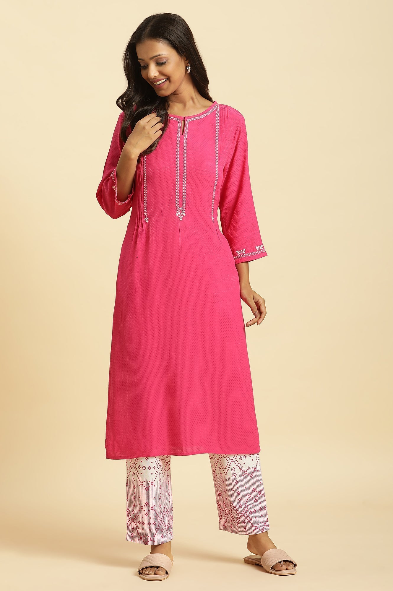 W for Woman Pink Embroidered Textured Dobby Kurta