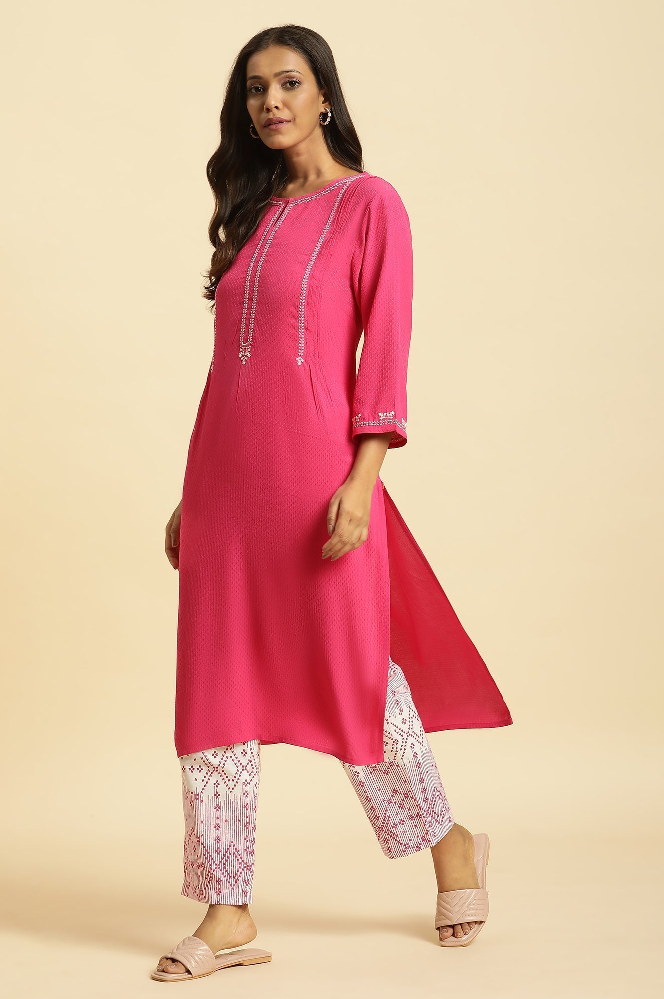 W for Woman Pink Embroidered Textured Dobby Kurta