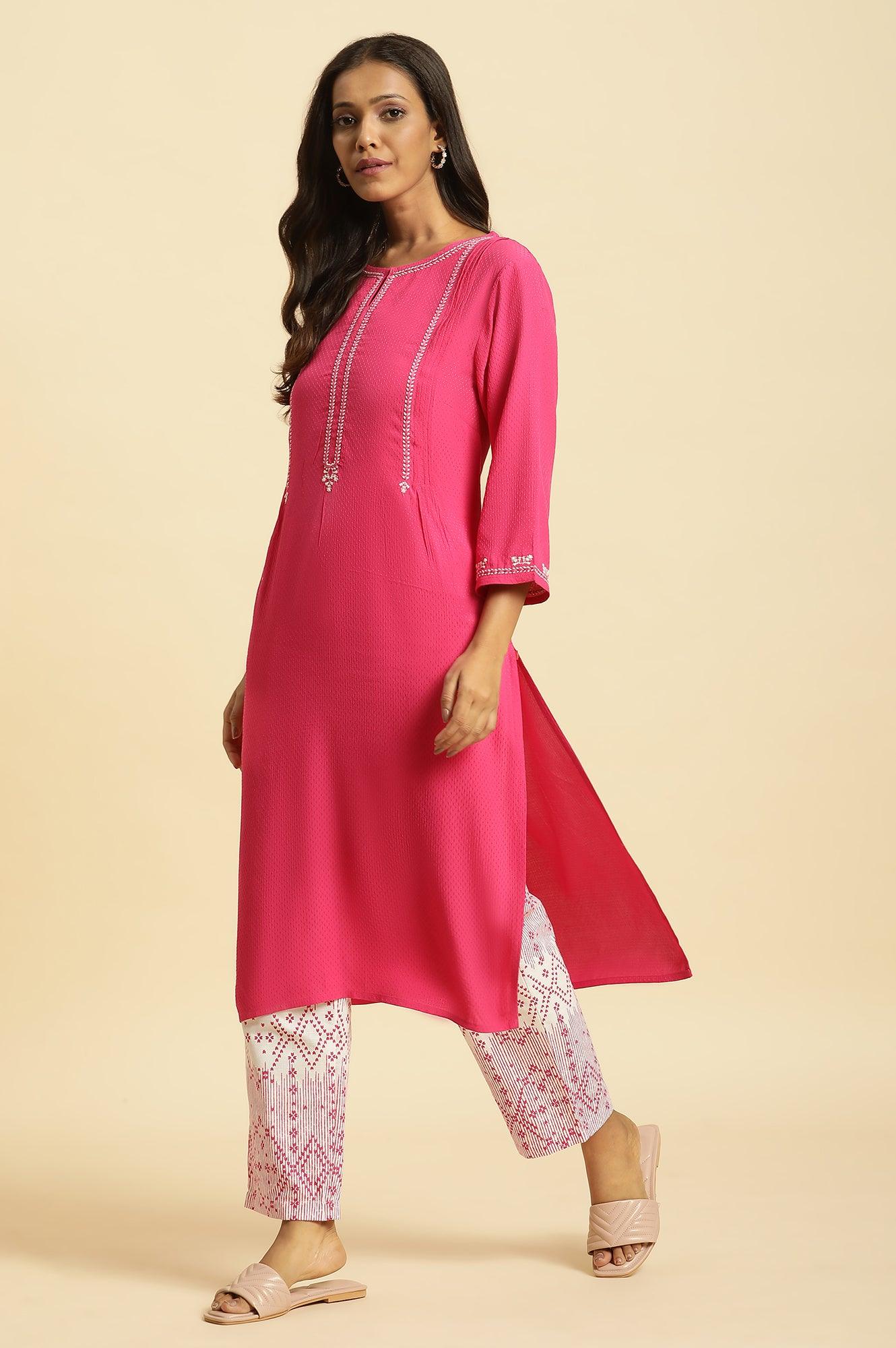 W for Woman Pink Embroidered Textured Dobby Kurta