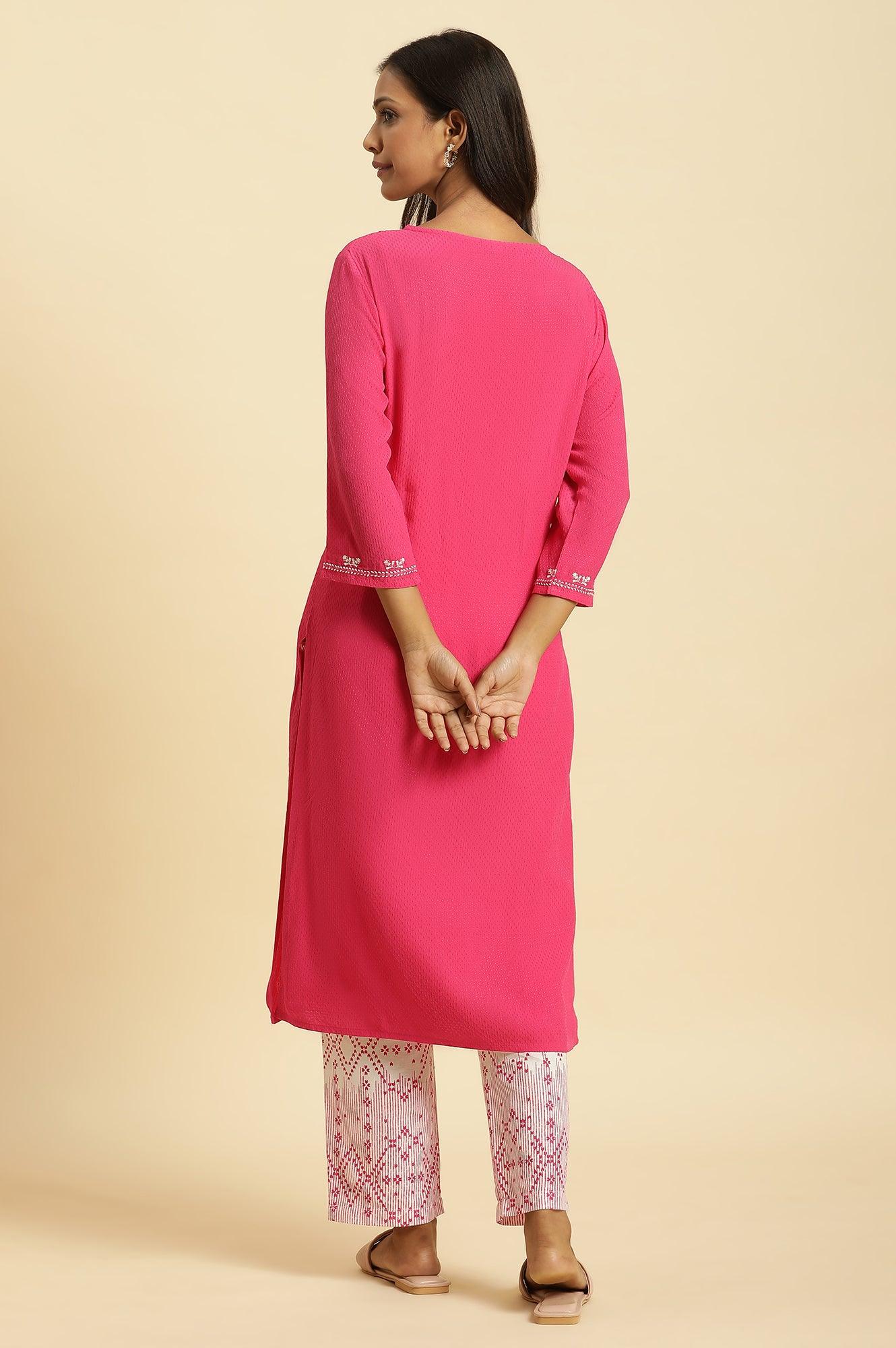 W for Woman Pink Embroidered Textured Dobby Kurta