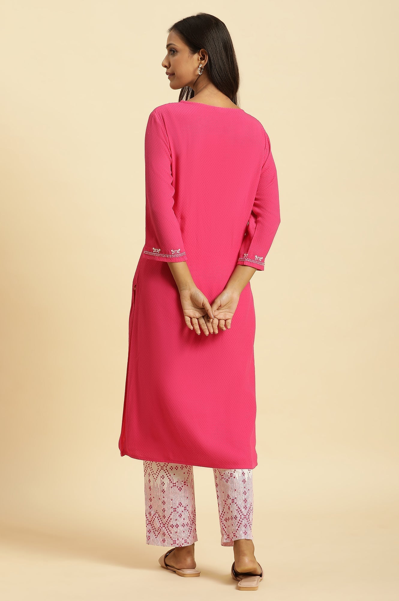 W for Woman Pink Embroidered Textured Dobby Kurta