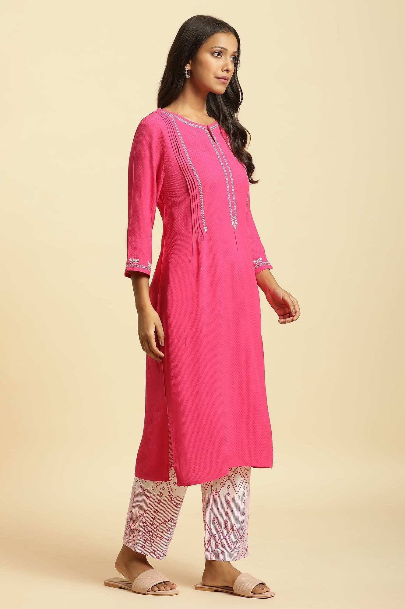 W for Woman Pink Embroidered Textured Dobby Kurta