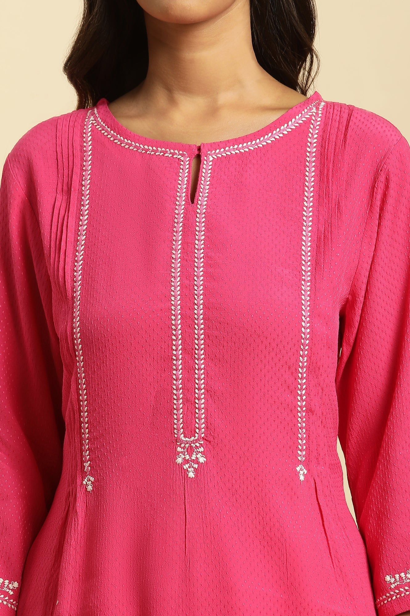 W for Woman Pink Embroidered Textured Dobby Kurta