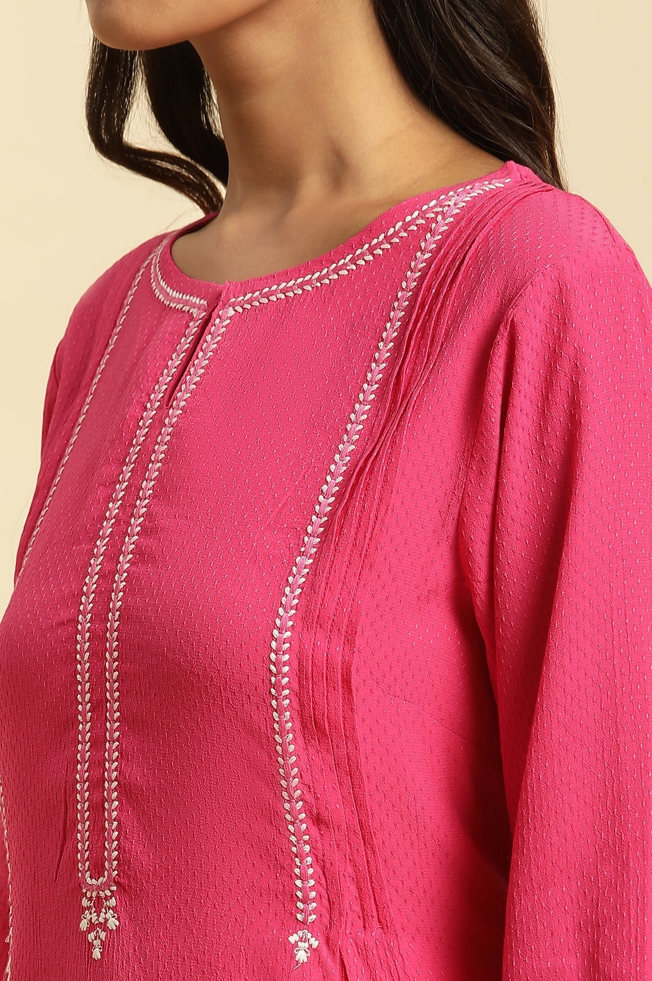 W for Woman Pink Embroidered Textured Dobby Kurta