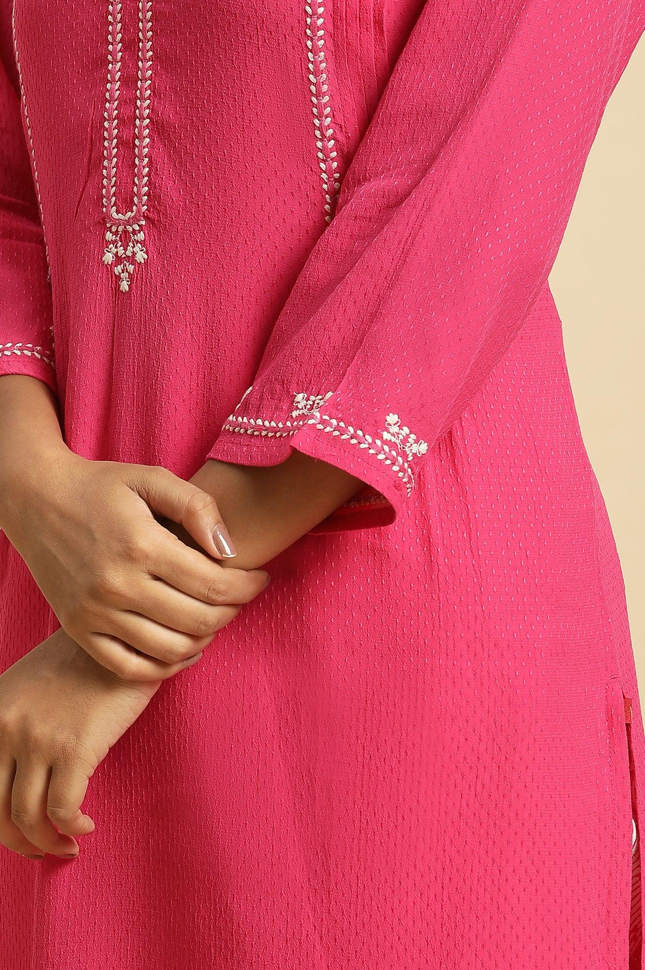 W for Woman Pink Embroidered Textured Dobby Kurta