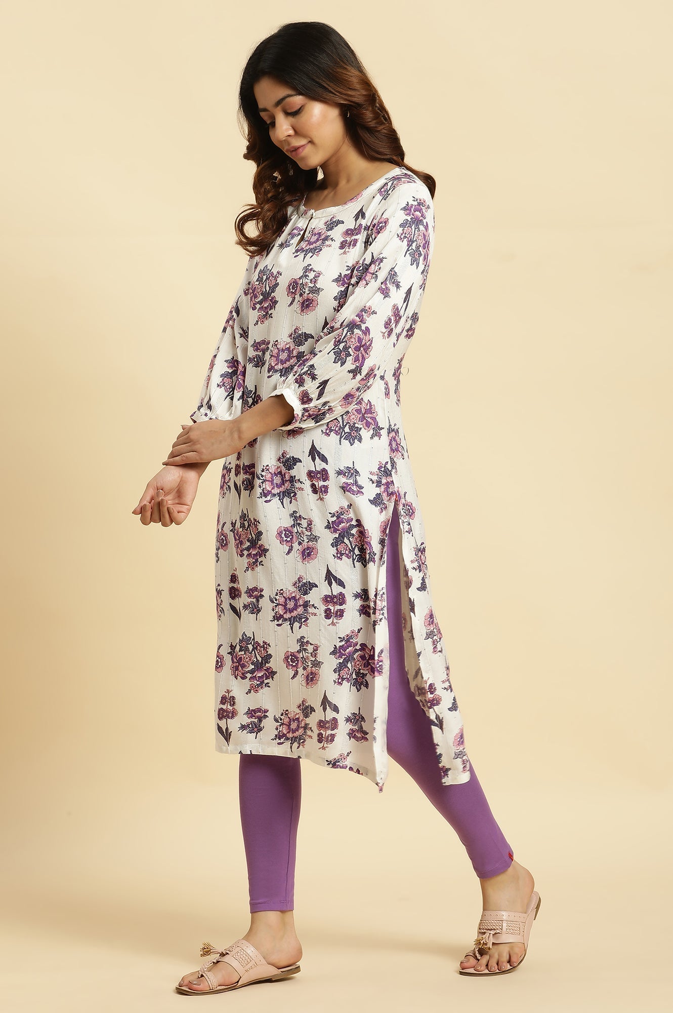 W for Woman Ecru Relaxed Fit Straight Kurta with Purple Floral Print
