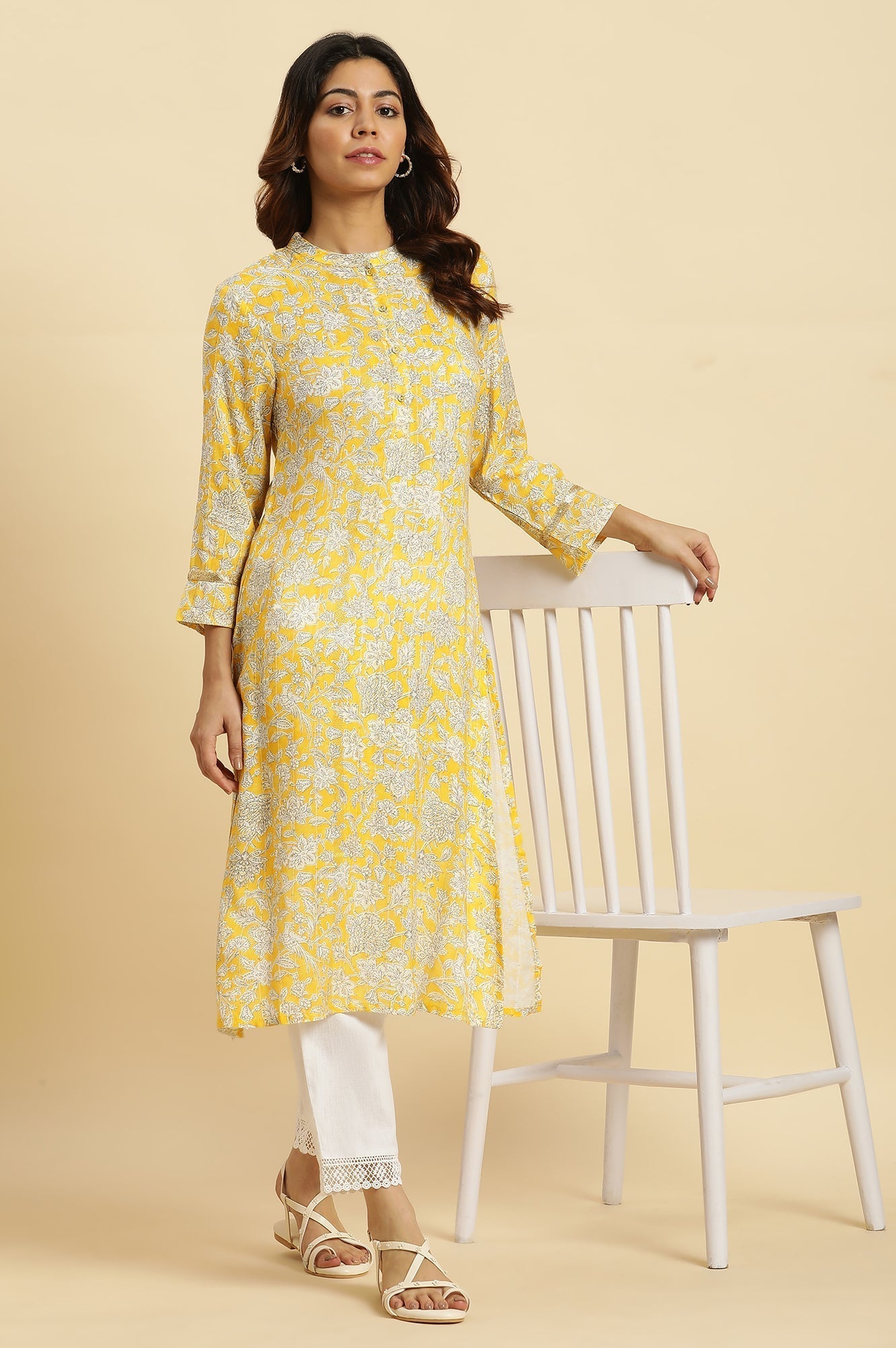 W for Woman Yellow Floral Printed A-Line Kurta