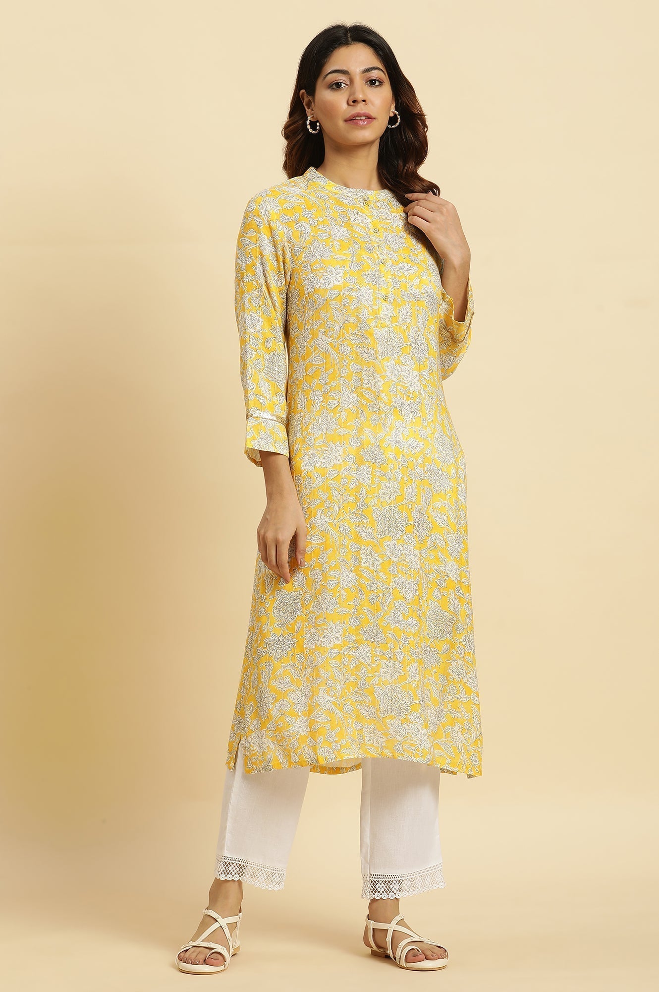 W for Woman Yellow Floral Printed A-Line Kurta