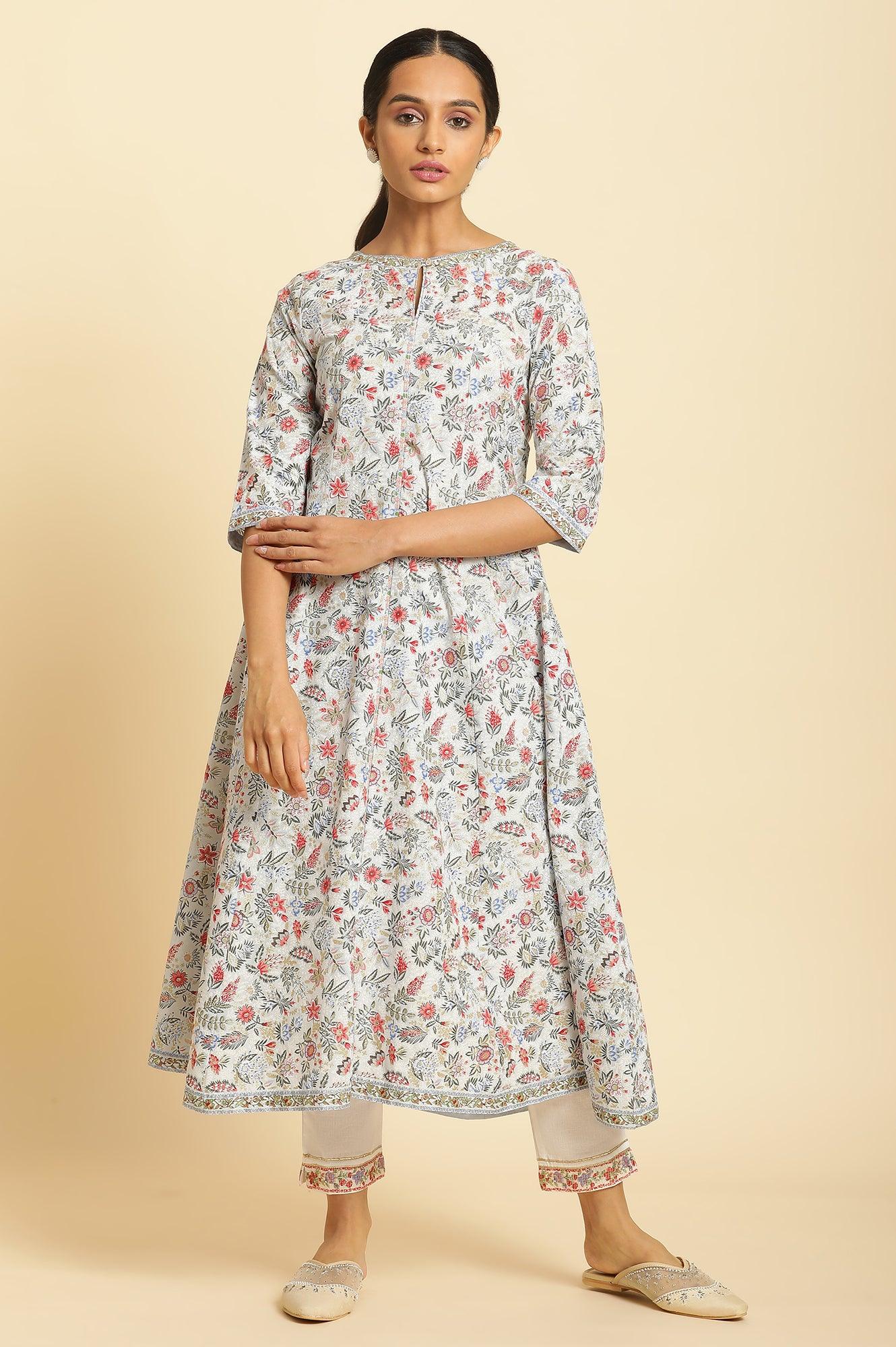 W for Woman Powder Blue Floral Printed Flared Kurta