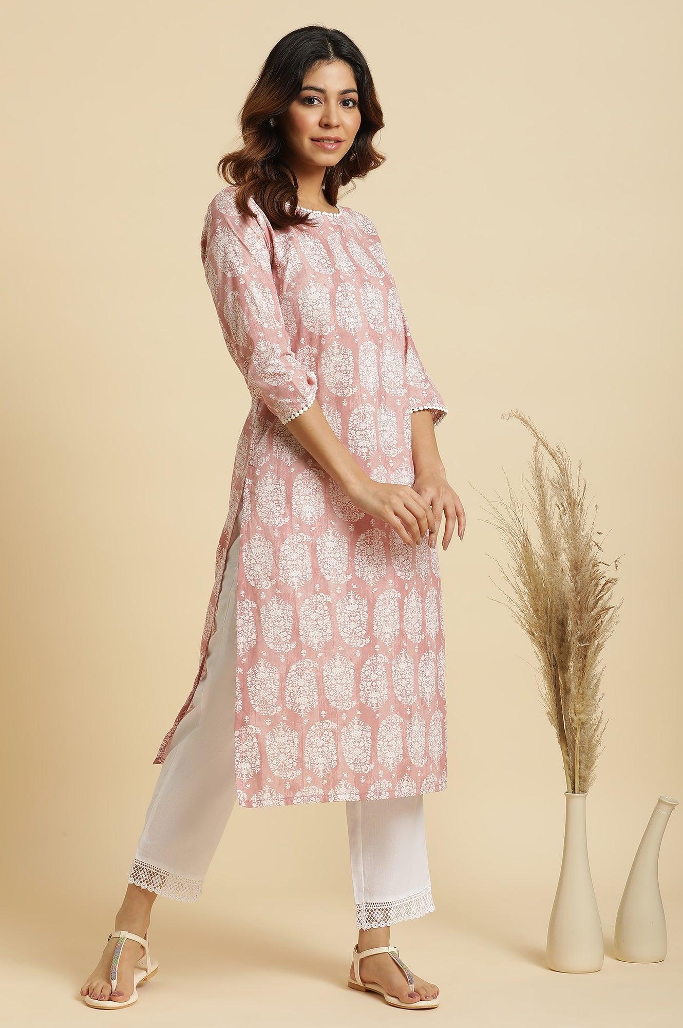 W for Woman Pink Paisley Printed Cotton Kurta