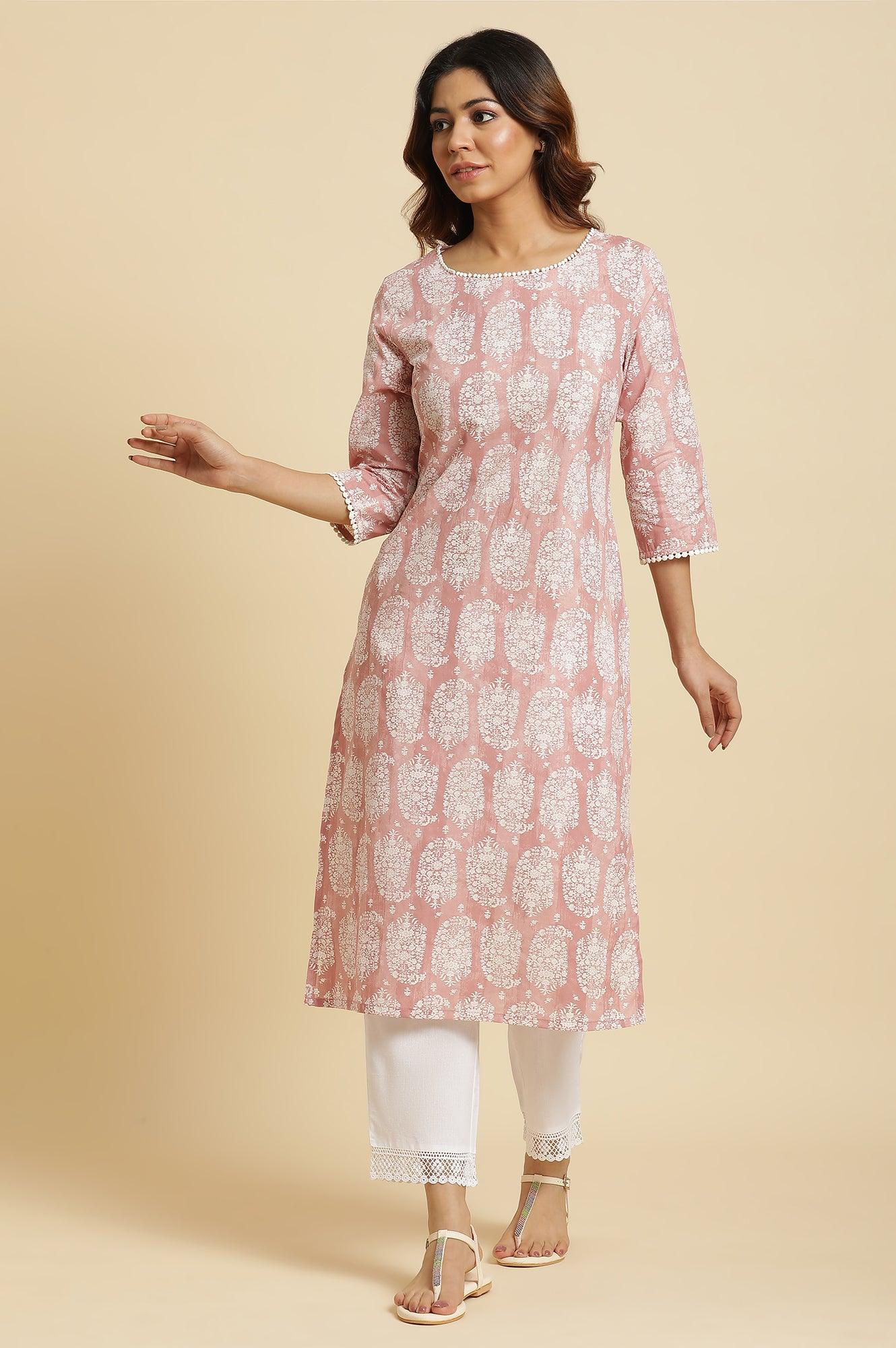 W for Woman Pink Paisley Printed Cotton Kurta