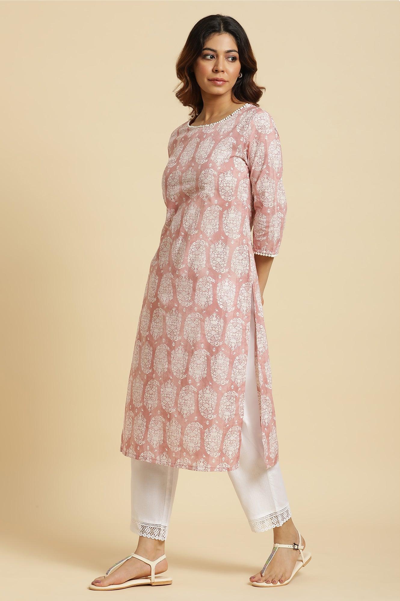 W for Woman Pink Paisley Printed Cotton Kurta