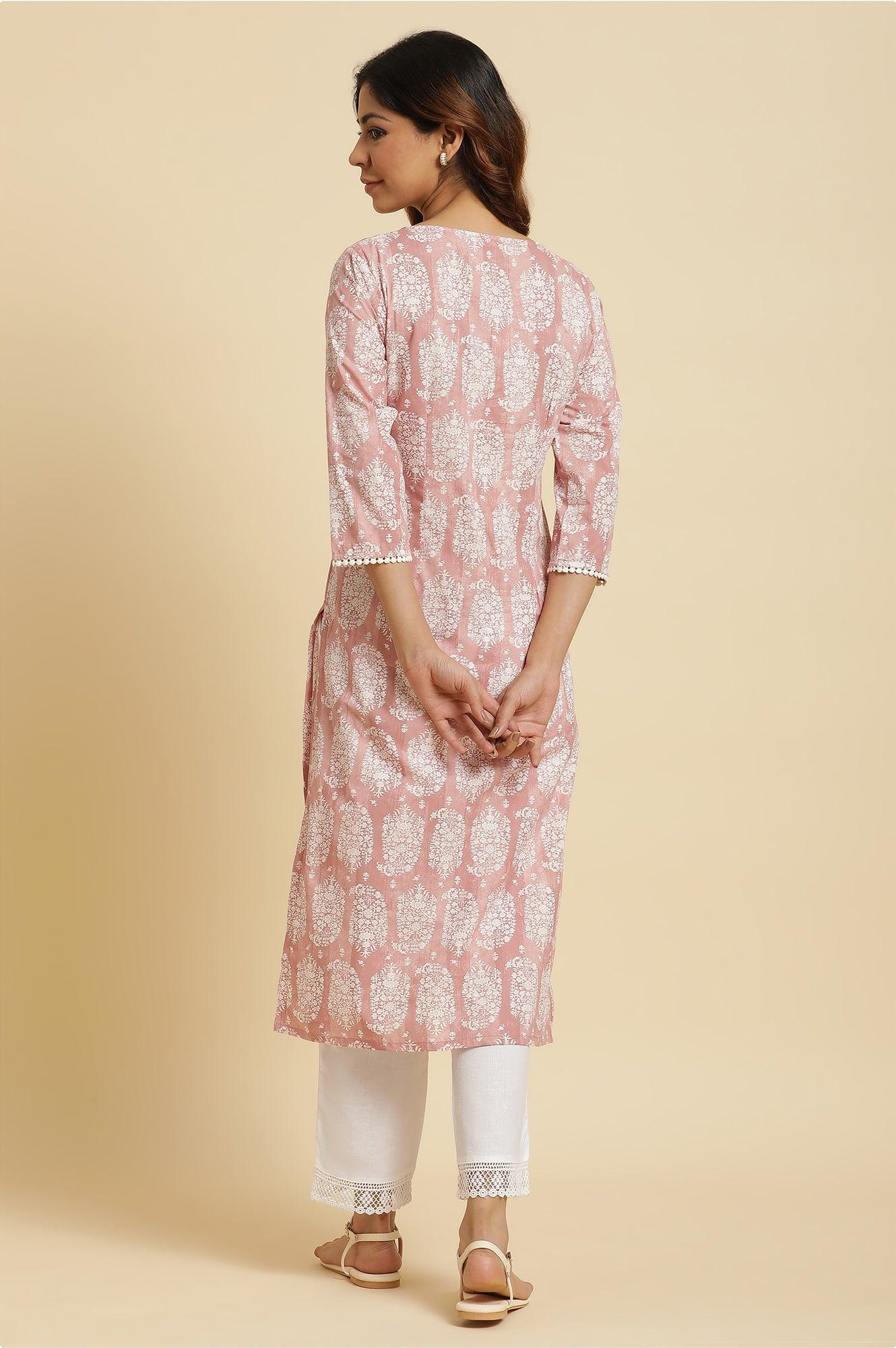W for Woman Pink Paisley Printed Cotton Kurta