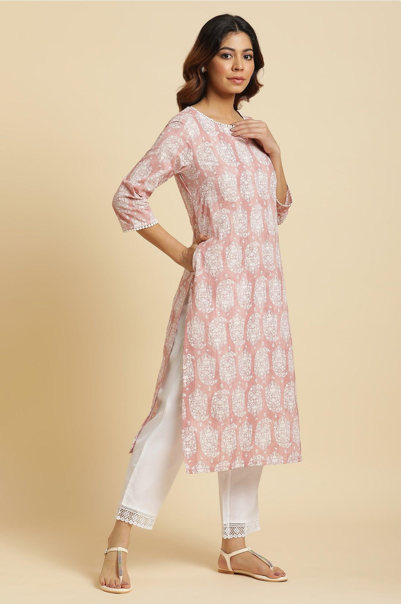 W for Woman Pink Paisley Printed Cotton Kurta