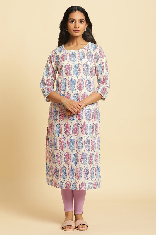 W for Woman Ecru Straight Kurta in Bright Multi-coloured Prints