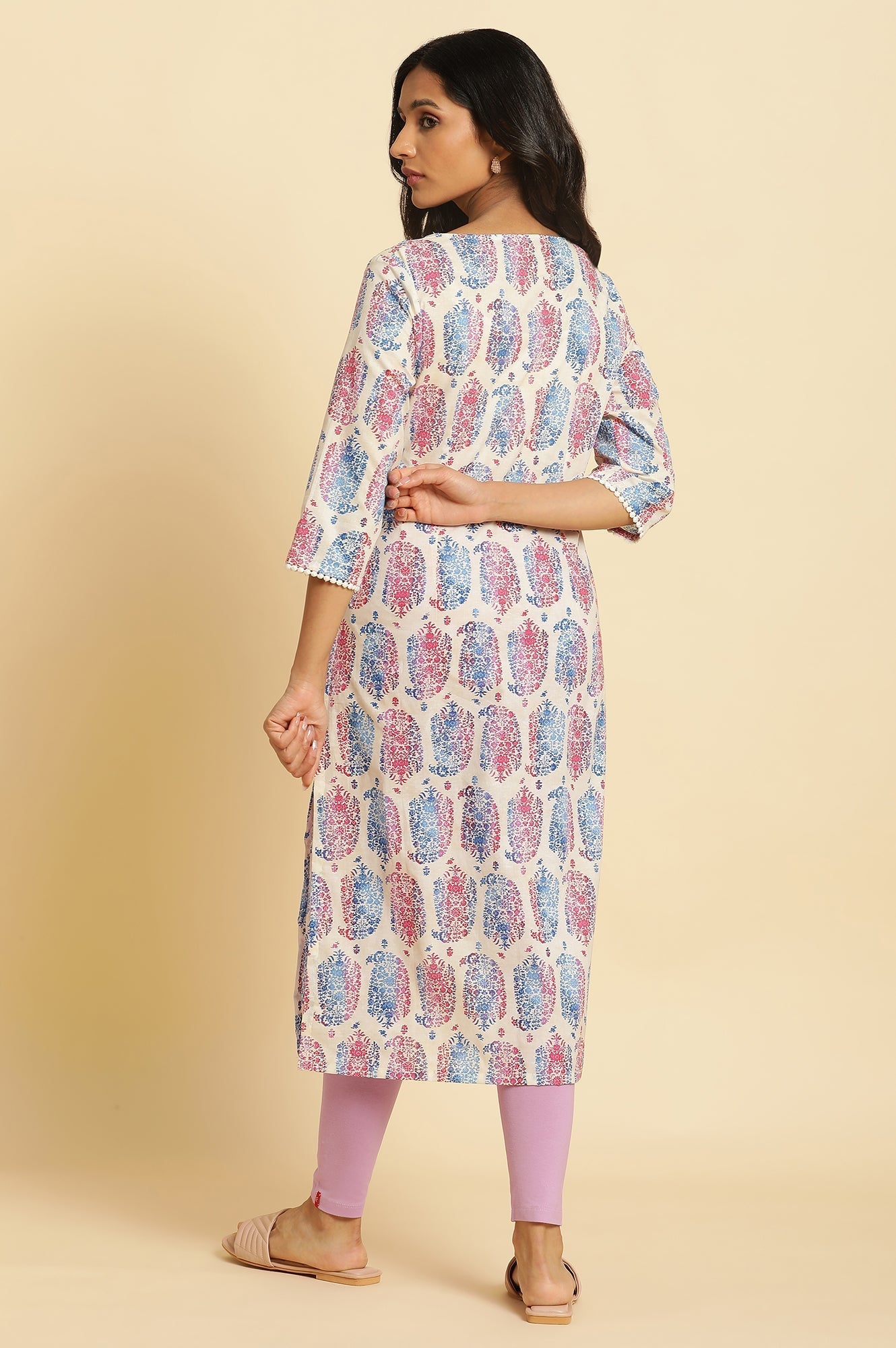 W for Woman Ecru Straight Kurta in Bright Multi-coloured Prints