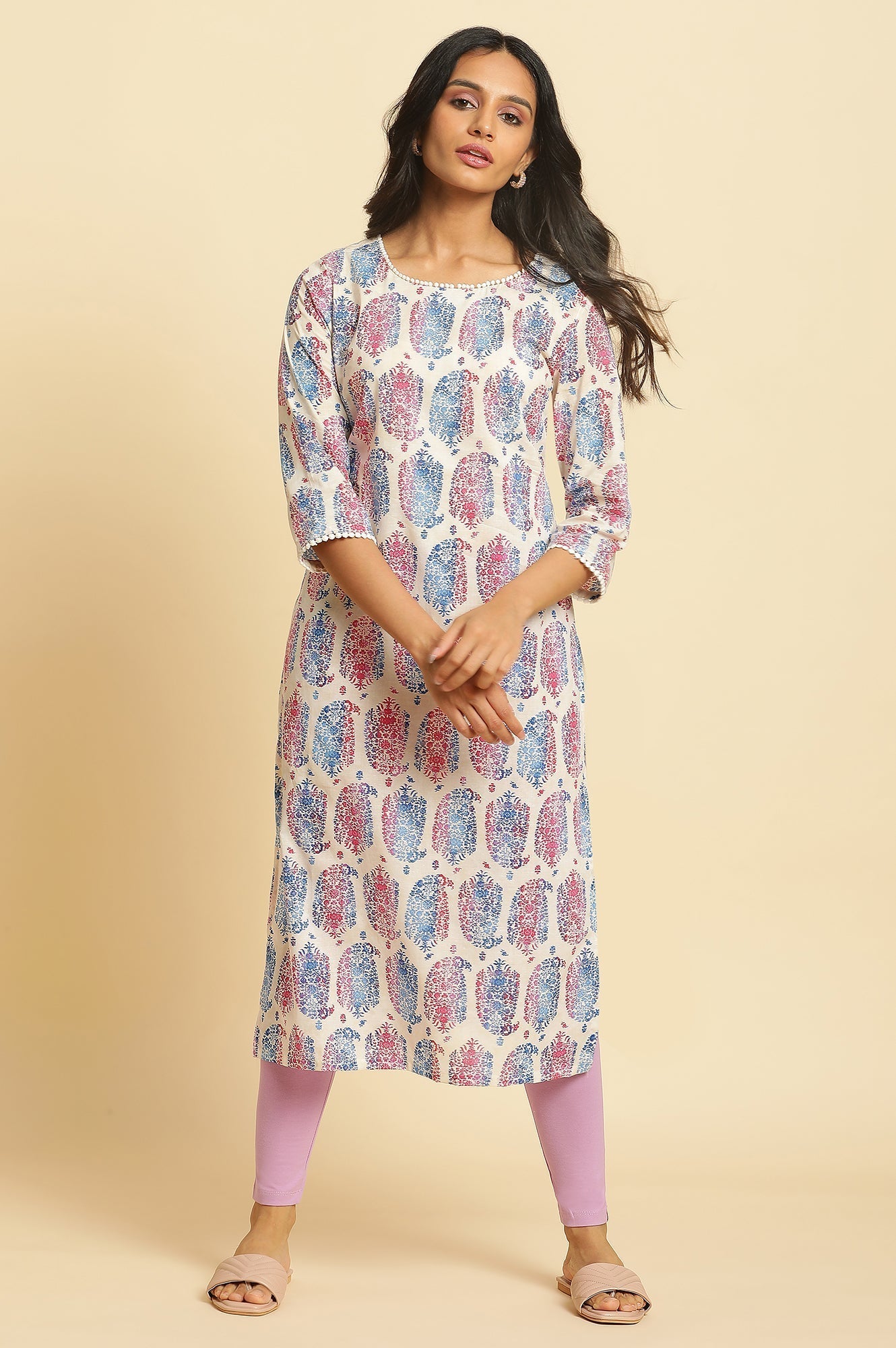 W for Woman Ecru Straight Kurta in Bright Multi-coloured Prints